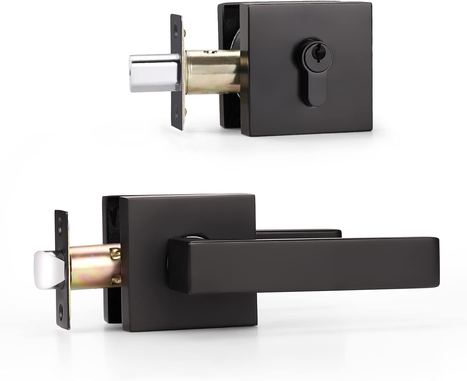 2 Pack Square Heavy Duty Entry Door Handle Set with Single Keyed Deadbolt, Matte Black Door Handle Set with Deadbolt and Lever (For Entrance and Front Door)