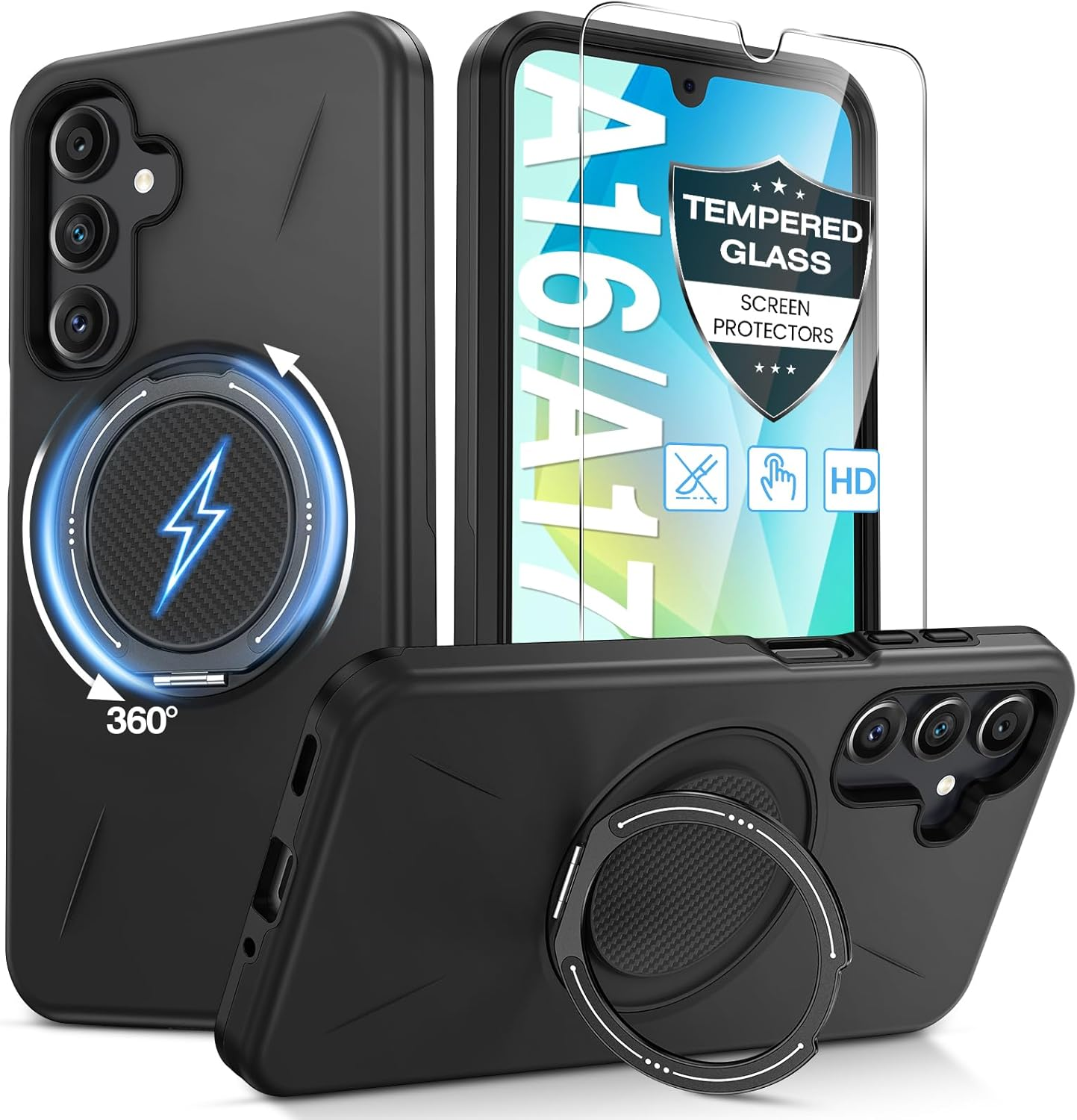 For Samsung Galaxy A16/A17 5G Phone Case with 360° Kickstand Ring & Tempered Glass Screen Protector [Compatible with Magsafe], Dual-Layer PC & TPU Shockproof Bumper Case for A16 5G/A17 4G 5G Black