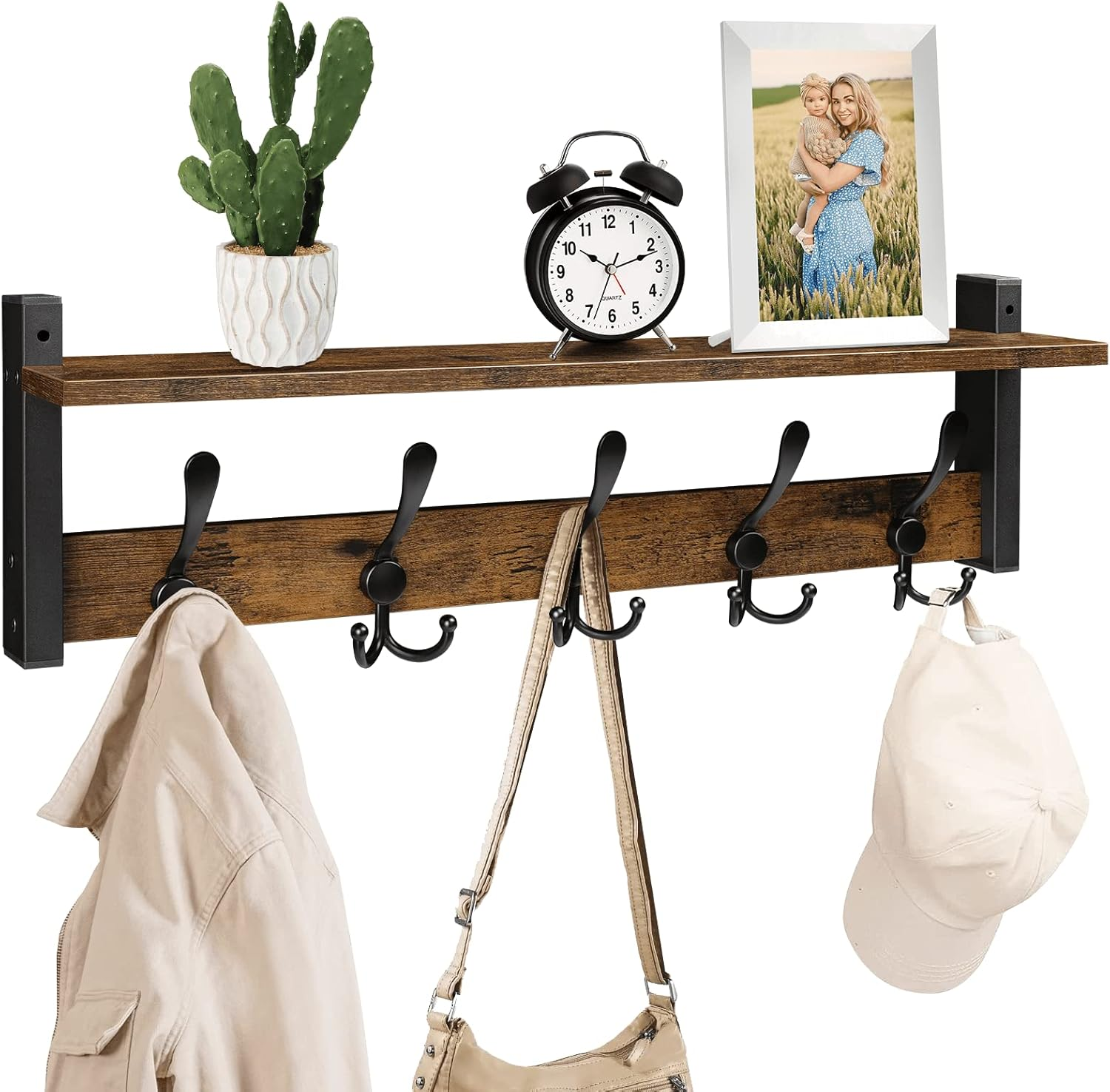 Rustic Brown Wall Mount Coat Rack with Shelf and 5 Tri Hooks, Wood Coat Hangers for Hanging Hat, Towel, Purse, Jacket