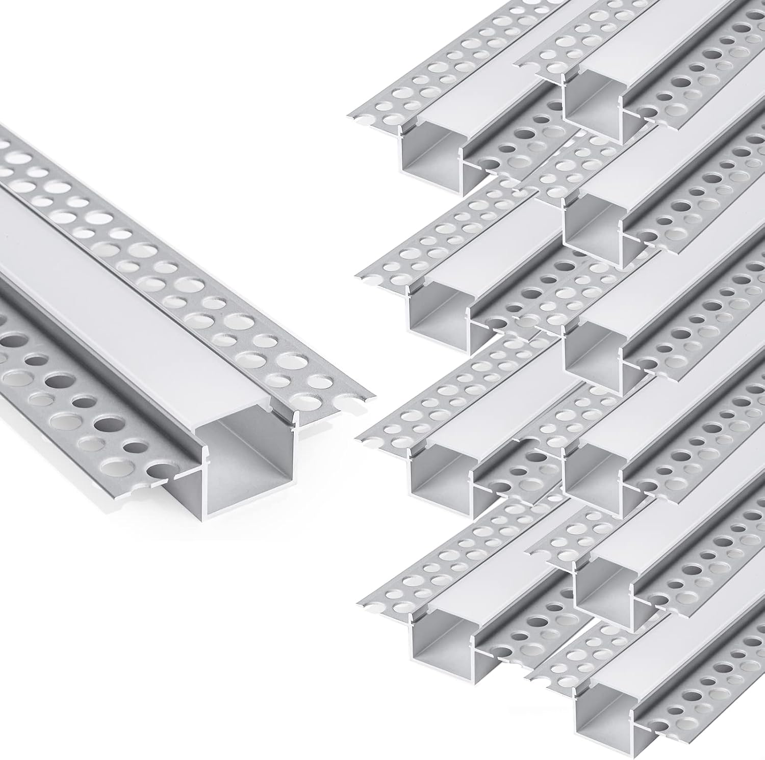 10-Pack 6.6Ft/2Meter Drywall LED Aluminum Channel System with Milky Cover, End Caps and Mounting Clips, Aluminum Profile for LED Strip Light Installations (Double-Edge-6.6Ft, 10)