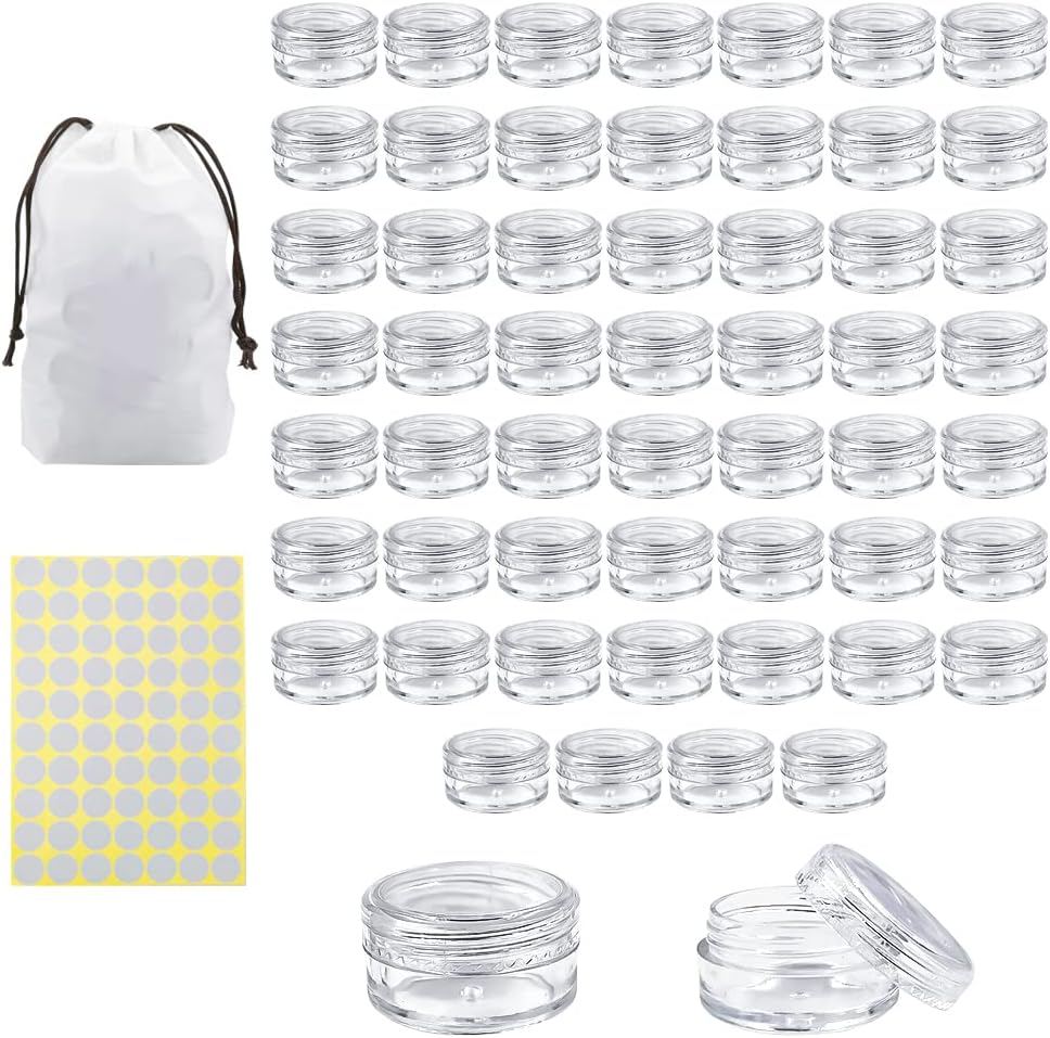 55Pcs 5 Grams Sample Containers with Lids and Labels, Small Little Mini Tiny Containers, Clear Acrylic Plastic Sample Jars for Cosmetic, Creams, Makeup, Nails, 5G/5Ml Empty round Sample Containers