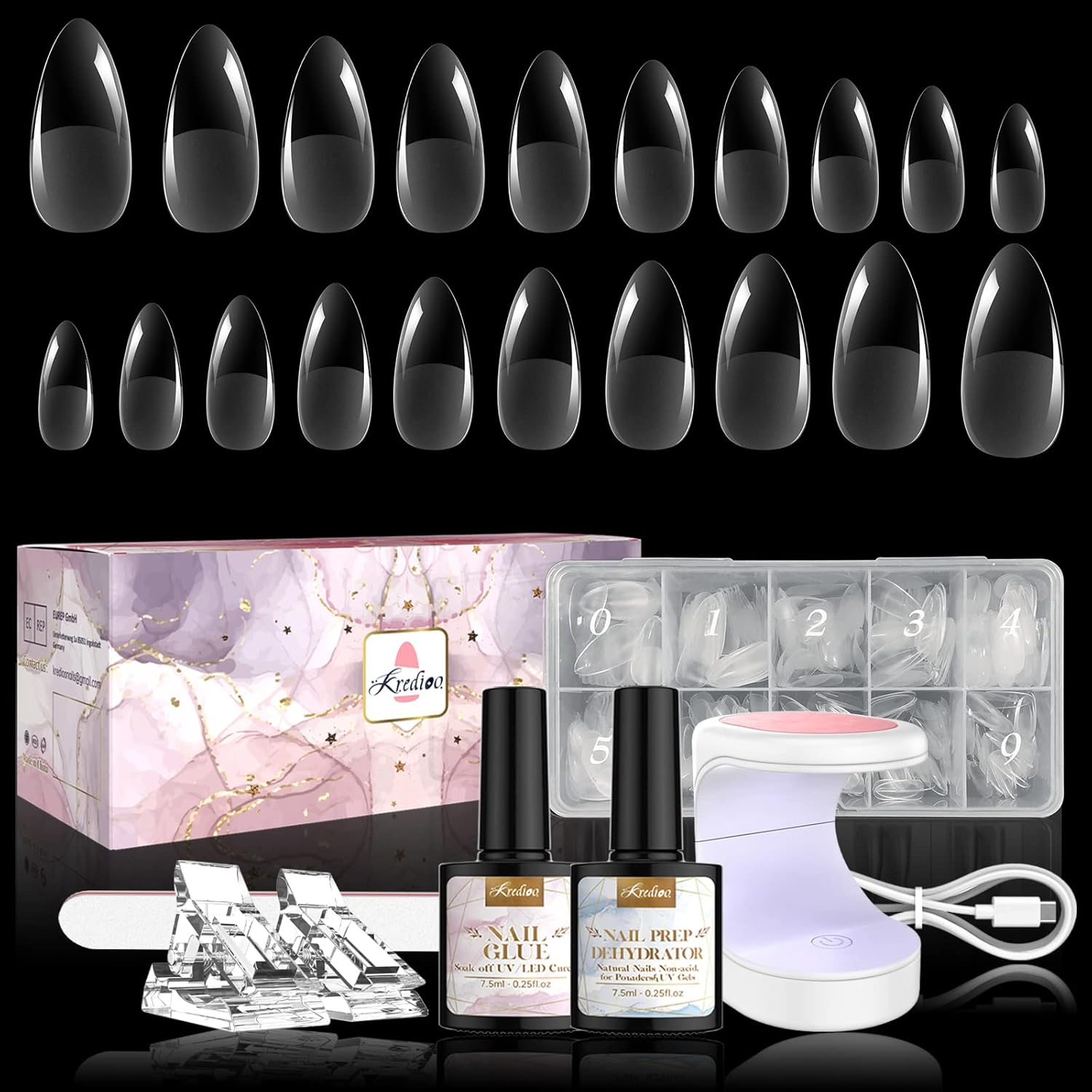 Gel X Nail Extension Kit, 500Pcs Acrylic Nail Tips Medium Almond Pre-Shaped with 4 in 1 Nail Glue Base Coat, UV Nail Lamp, Prep Dehydrator, Beginner Fast DIY Manicure Nail Art Kit