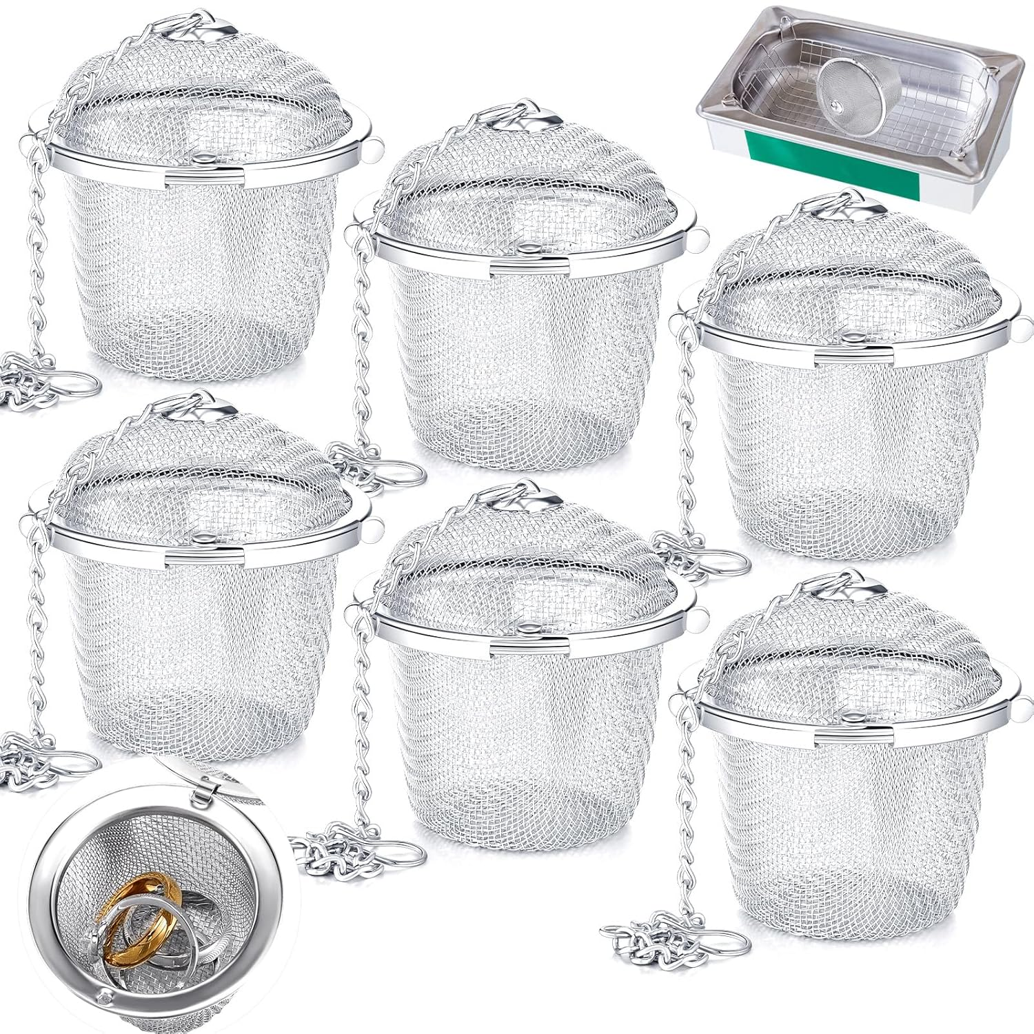 6 Pcs Ultrasonic Watch Parts Cleaner Baskets Stainless Steel Jewelry Steam Cleaner Parts Basket Mesh Ball Cleaning Small Holder with Lock Hook for Watch Cleaning Solution(Silver)
