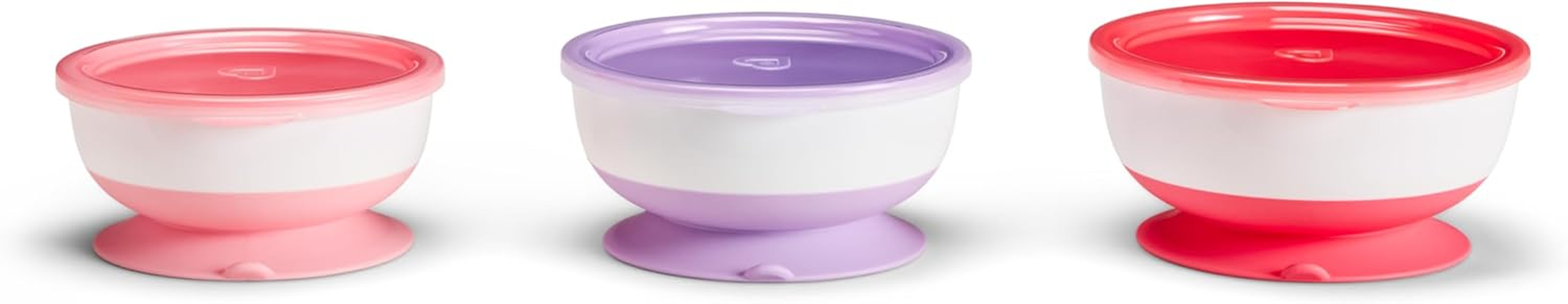 Stay Put Suction Baby Bowls with Lids - Dishes for Babies and Toddlers, Self-Feeding Bowl Set for Kids 6+ Months, 3 Pack, Pink/Purple