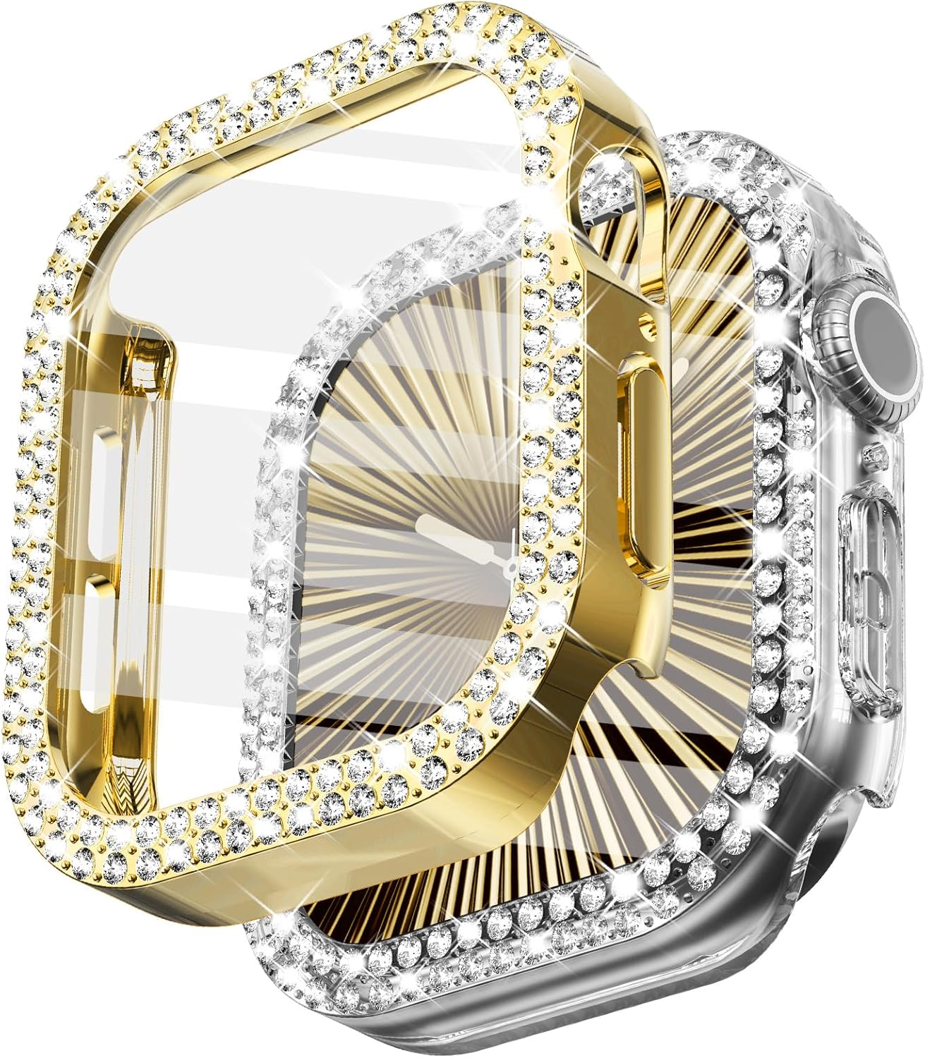 WINGLE 2 Pack for Apple Watch Case Series 11 10 42Mm Screen Protector, Bling Diamond Protective Face Cover for Iwatch 11 10 42 Mm Crystal Rhinestone Bumper with Tempered Glass Protector, Gold/Clear