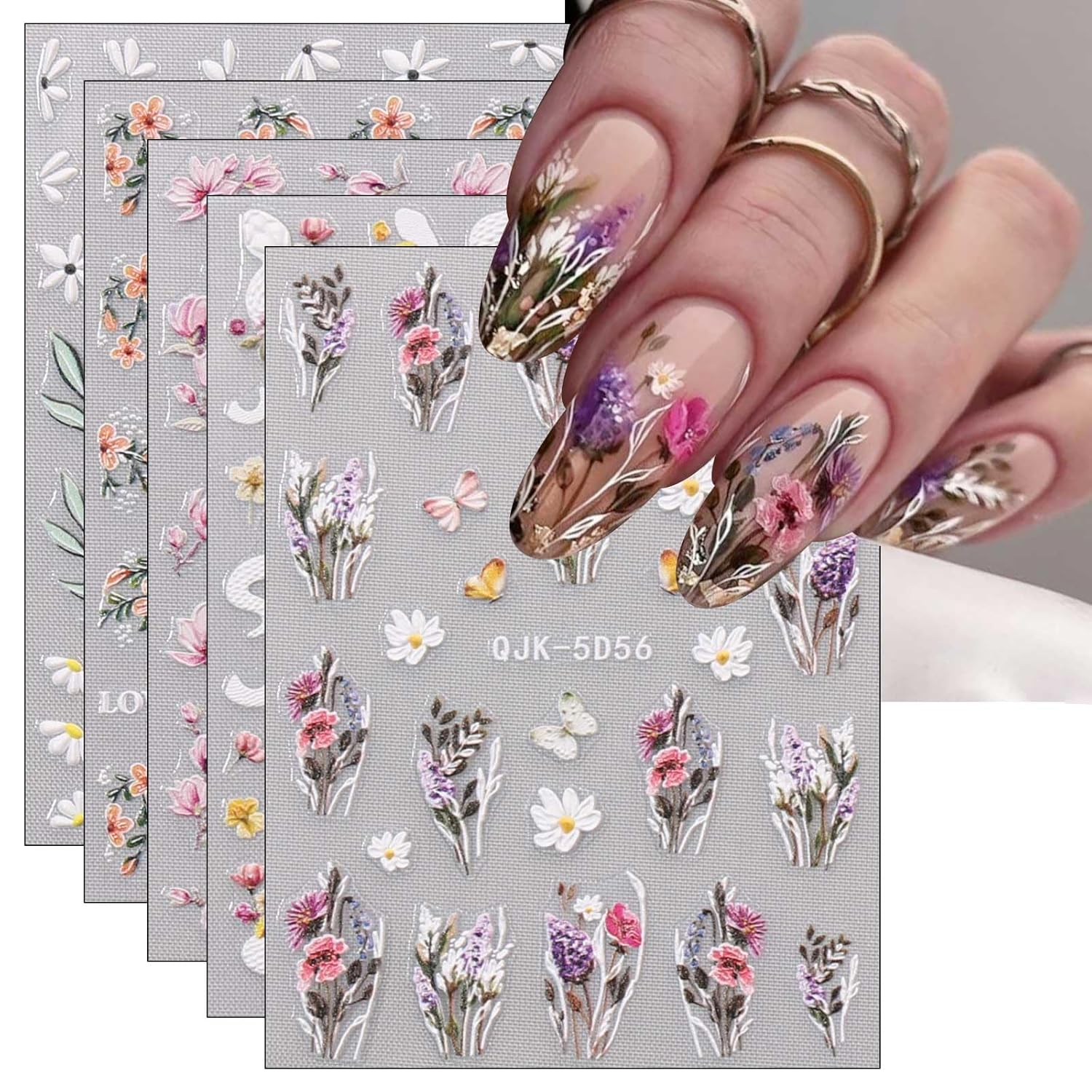 6 Sheets 3D Embossed Spring Flower Nail Art Stickers Decals Self-Adhesive