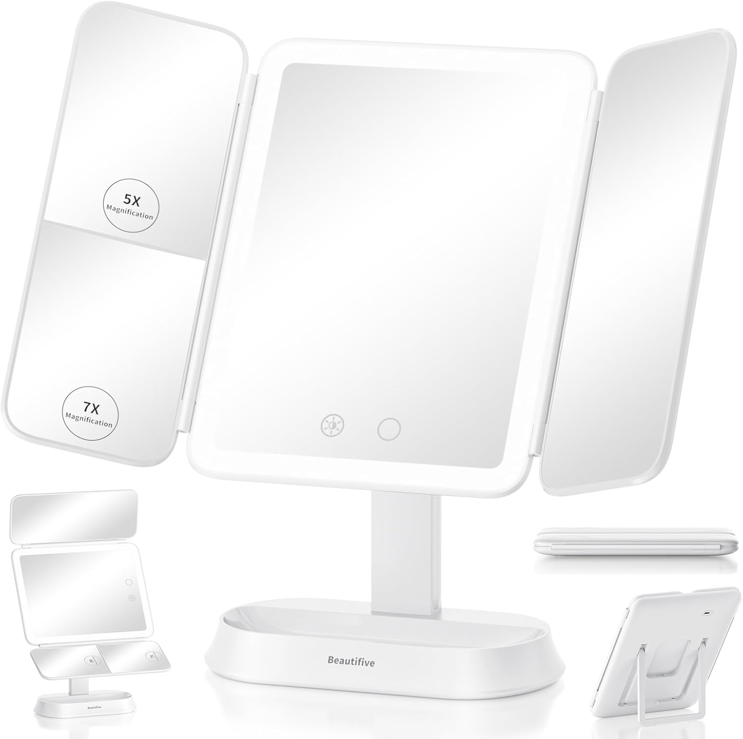 Rechargeable Lighted Makeup Mirror with 7X/5X/1X Magnification, Vanity Mirror with Lights, Trifold Makeup Mirror for Travel , 3 Lights Colors & Adjustable Brightness, 360° Rotation & Detachable Design