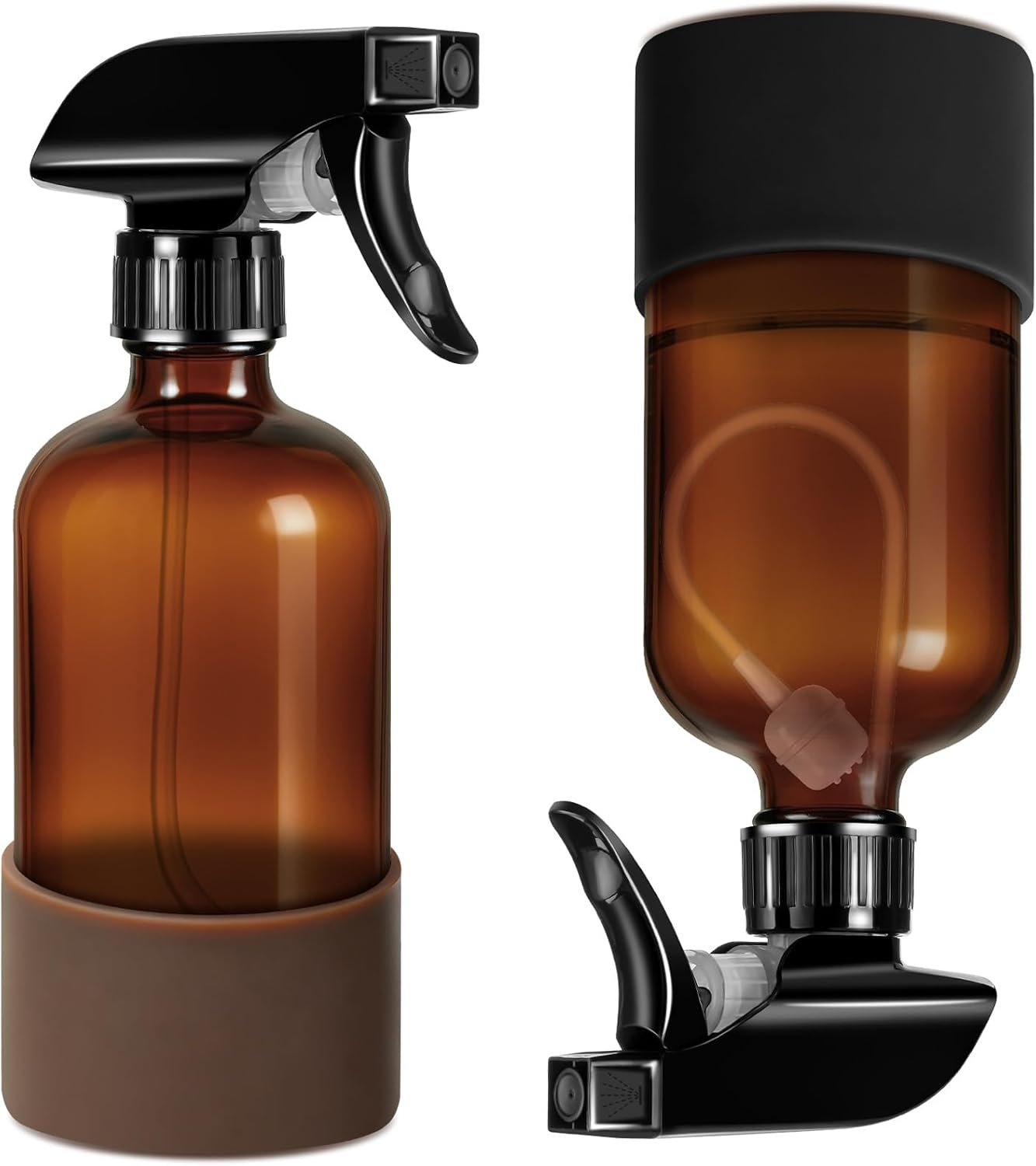 Tecohouse 2 Pack 360° Amber Glass Spray Bottles with Silicone Sleeve, 16 Oz Empty Refillable Containers with Adjustable Spray Nozzles, Dark Spray Bottles for Cleaning Solutions, Plants (Black & Brown)