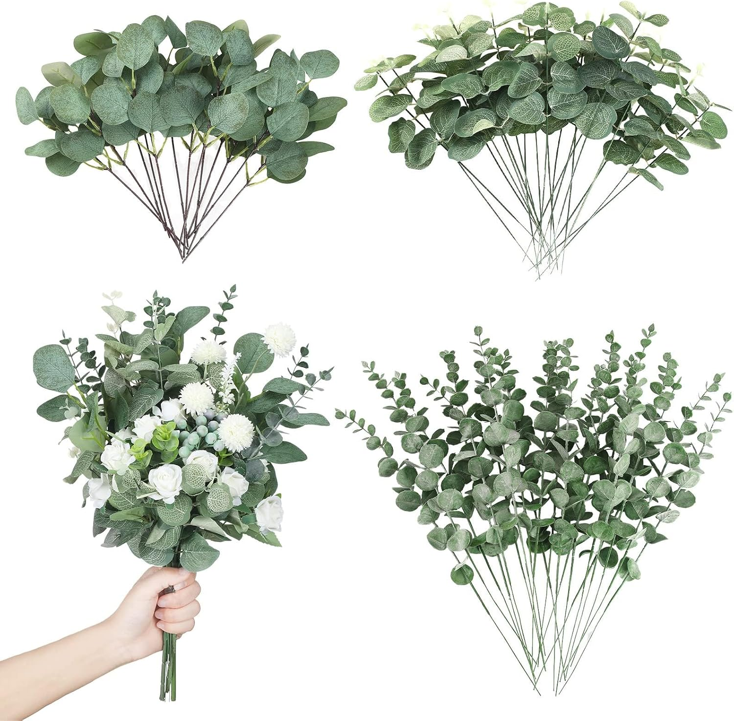 90 Pcs 3 Kinds Mixed Artificial Eucalyptus Leaves Stems Bulk Silver Dollar Leaves Picks Dried Eucalyptus Bundle Faux Spray for Wedding Vase Bouquet Floral Arrangement (Green)