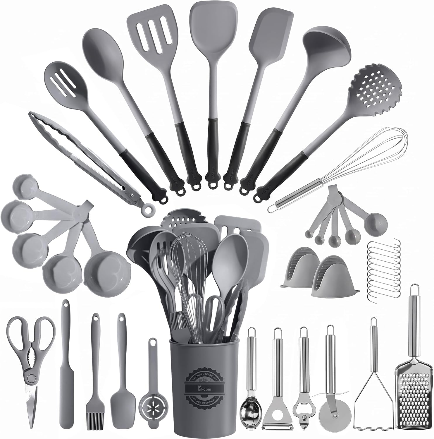43 PCS Silicone Kitchen Utensils Set, Dishwasher Safe Kitchen Cooking Utensils Set, 446°F Spatulas Silicone Heat Resistant, Non Toxic Silicone Utensils Set with Two-Tone Grip Handles, Gray