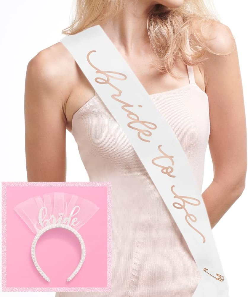 Bachelorette Party Sash and Bride Headband Set - White and Rose Gold