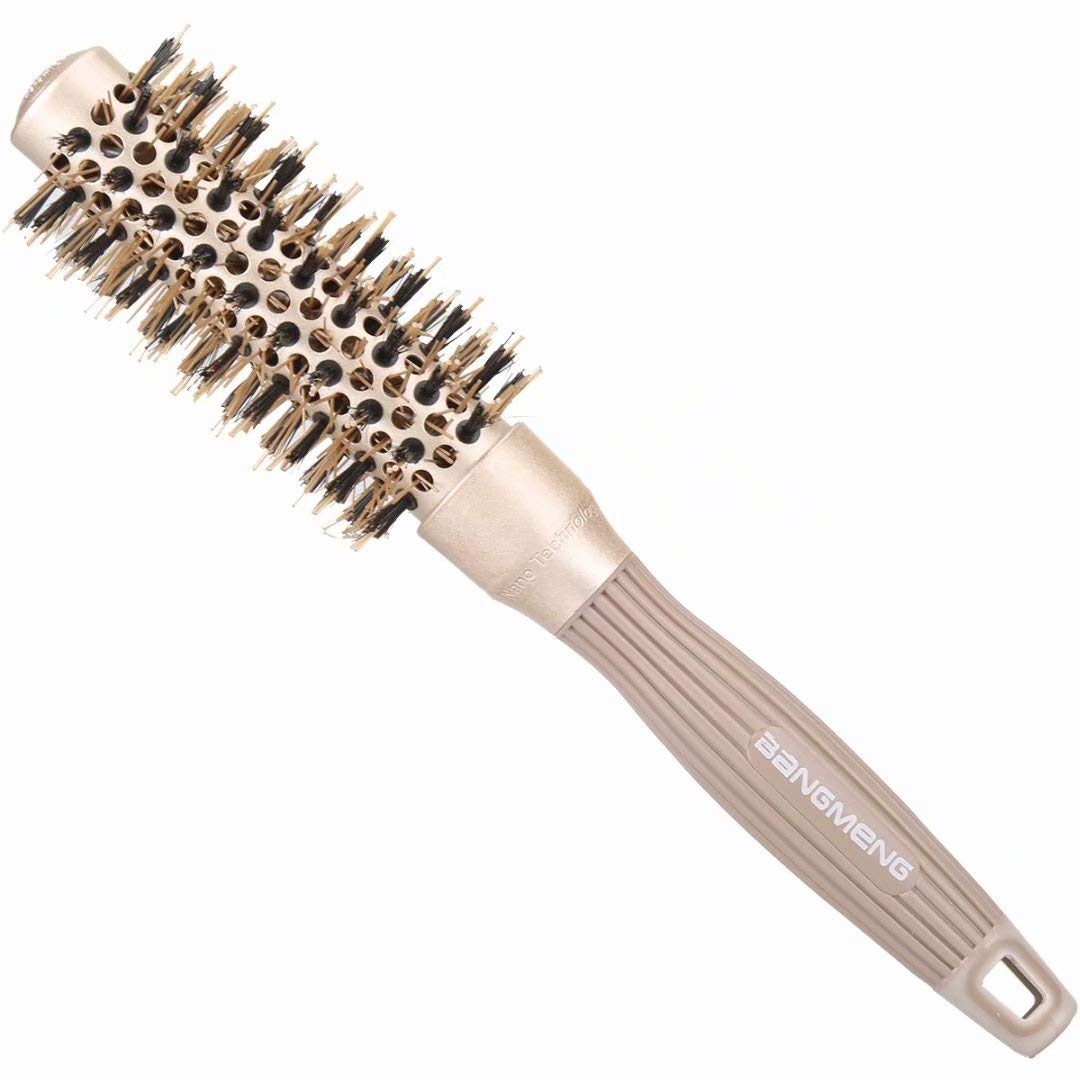 Round Brush with Boar Bristles, 1 Inch Barrel, Nano Thermal Ceramic Ionic Tech for Straightening and Blow Drying, Gold