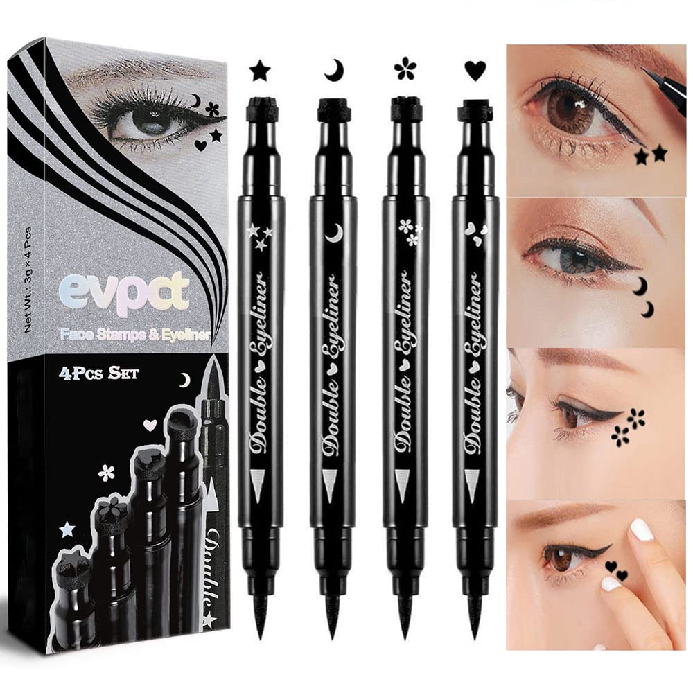 4In1 Star Flowers Hearts Moon Face Stamps Eyeliner Makeup Set, Black Colored Liquid Winged Wing Eyeliner Stamp Wingliner, Waterproof, Star Eye Liner Stamp Figures Tool