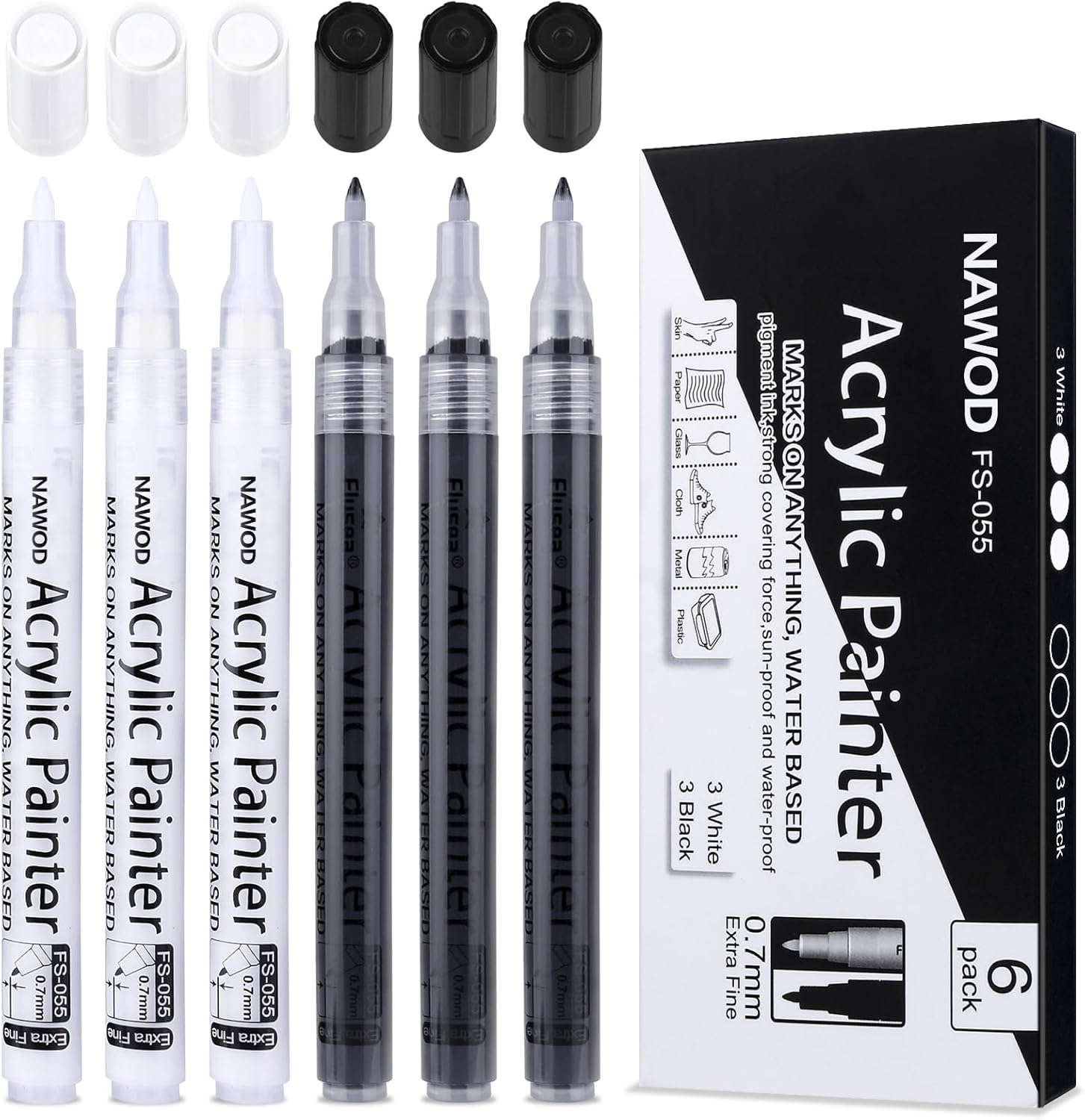 Paint Pens White Black Acrylic Marker 6 Pack, Acrylic Permanent Marker, White Paint Pens for Rock Ceramic Wooden Leather Glass Painting Metal Tire, 0.7Mm Extra Fine Point Quick Drying
