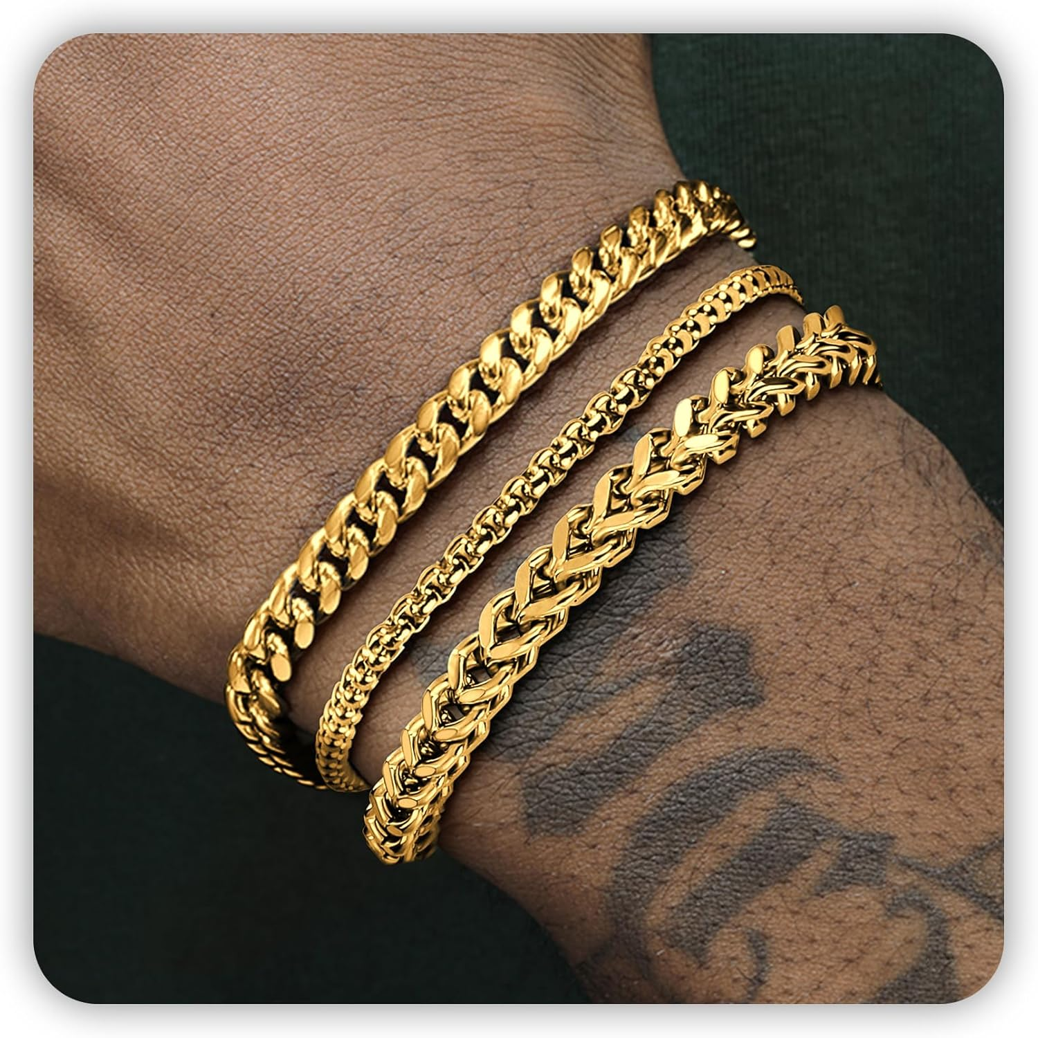 Silver and Gold Bracelet for Men, Cuban Chain Bracelet Set Water Proof Stainless Steel Bracelet for Him, Adjustable Gold Link Men Braclet as Easter Basket Stuffers for Boyfriend, Dad and Son