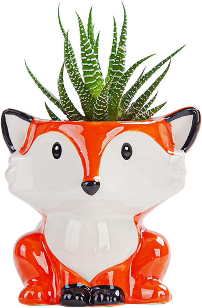 Cute Animal Ceramics Planter Small Succulent Pot Cartoon Shaped Plant Pot for Mini Plants Flower Cactus, Smooth Shiny Ceramic - Plants Not Included (Fox)