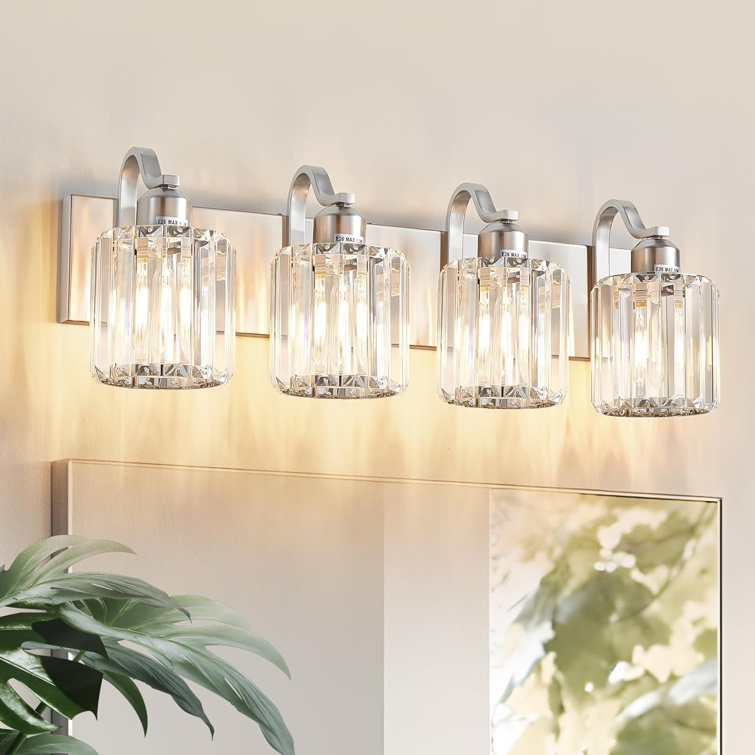 4 Lights Brushed Nickel Vanity Light Crystal Wall Light Bathroom Light Fixtures with round Shade (Exclude Bulb)