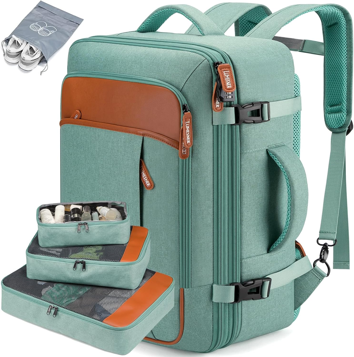 Lumesner Carry on Travel Backpacks, Extra Large 40L Flight Approved Bag for Men & Women,Expandable Suitcase Backpack with 4 Packing Cubes,Water Resistant Luggage Daypack Business Weekender Bag, Green