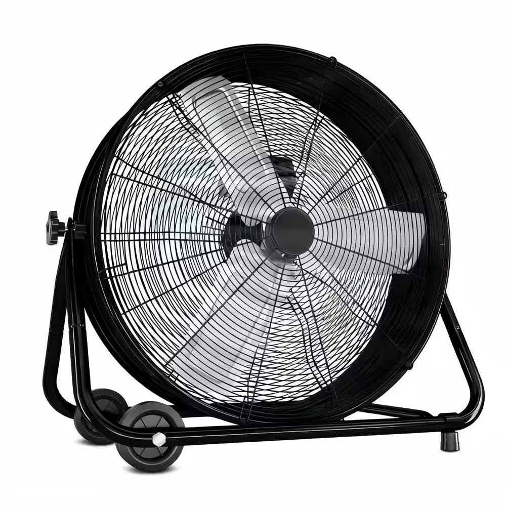 24 In. Black Industrial/Commercial Drum Fan-3-Speed Floor Fan, Low Noise, High Velocity Fan for Warehouse, Garage