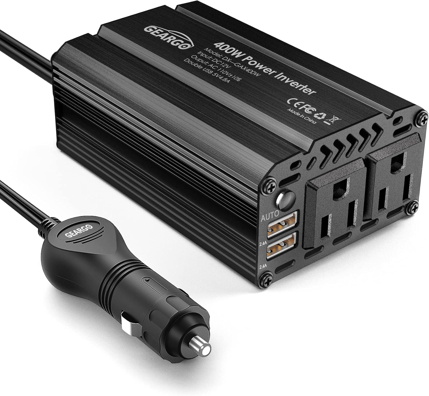 400W Power Inverter DC 12V to 110V AC Car Charger Converter with 4.8A Dual USB Ports and 2 AC Outlets Car Adapter (Black)