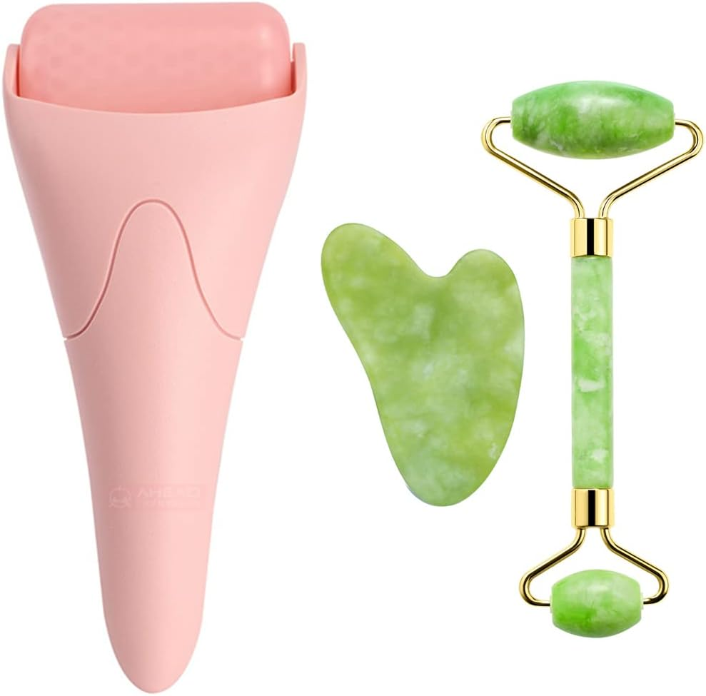 AECW 3-In-1 Natural Jade Roller and Gua Sha Set for Face and Eye Ice Roller Facial Cooling Massage Roller
