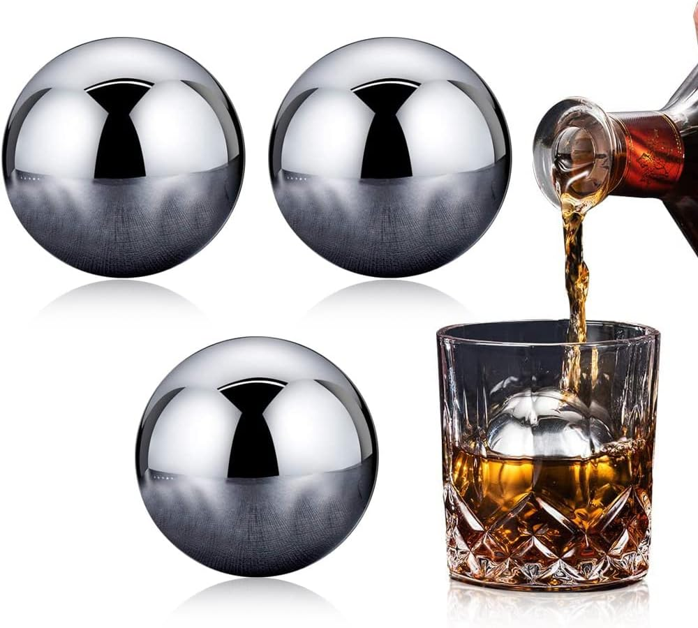 3 Pcs Large round Whiskey Stones Spherical Reusable Stainless Steel Ice Cubes Golf Ball Whiskey Stones Balls Metal Ice Balls Gift Set for Red Wine Scotch Whiskey Bar Beer(40Mm round Shape)