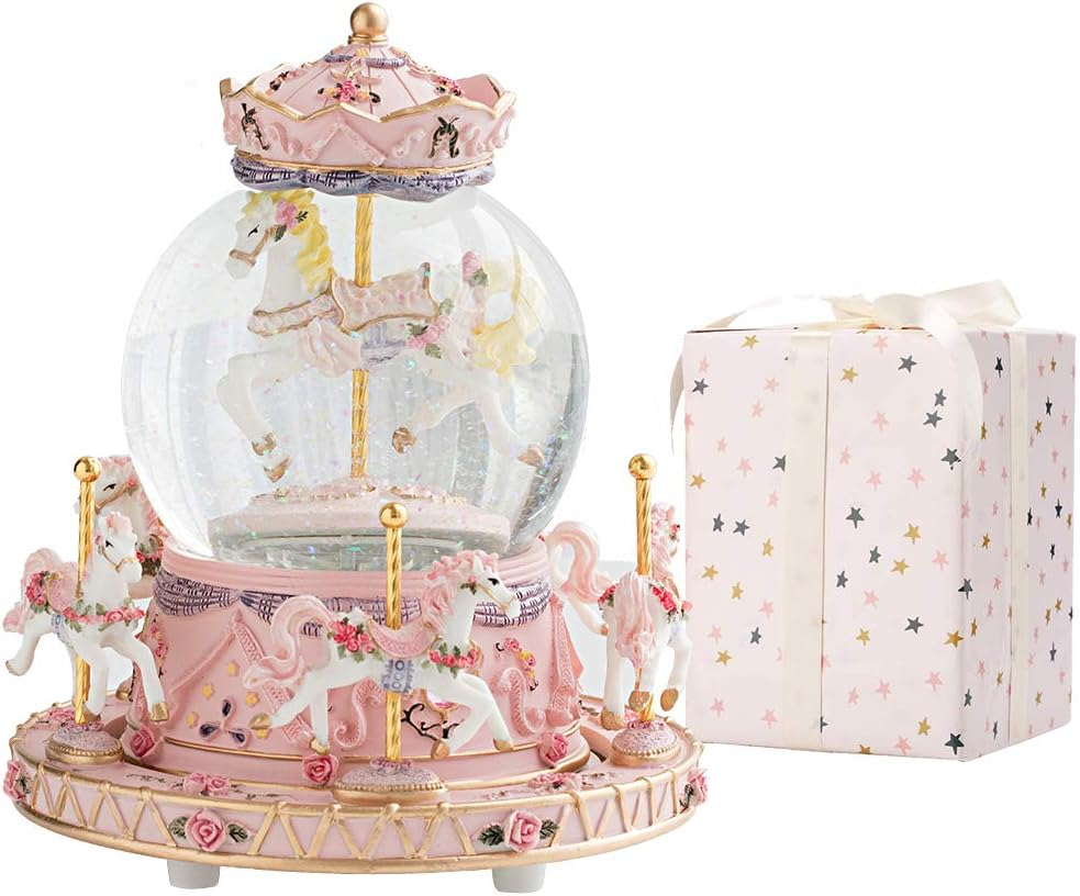 Gift Wrapped Music Box Carousel Horses Color Lights Unicorn Musical Snow Globe for Girls and Women Baby Kids Sister Daughter Mom Granddaughter Grandma Christmas Birthday Presents Gifts