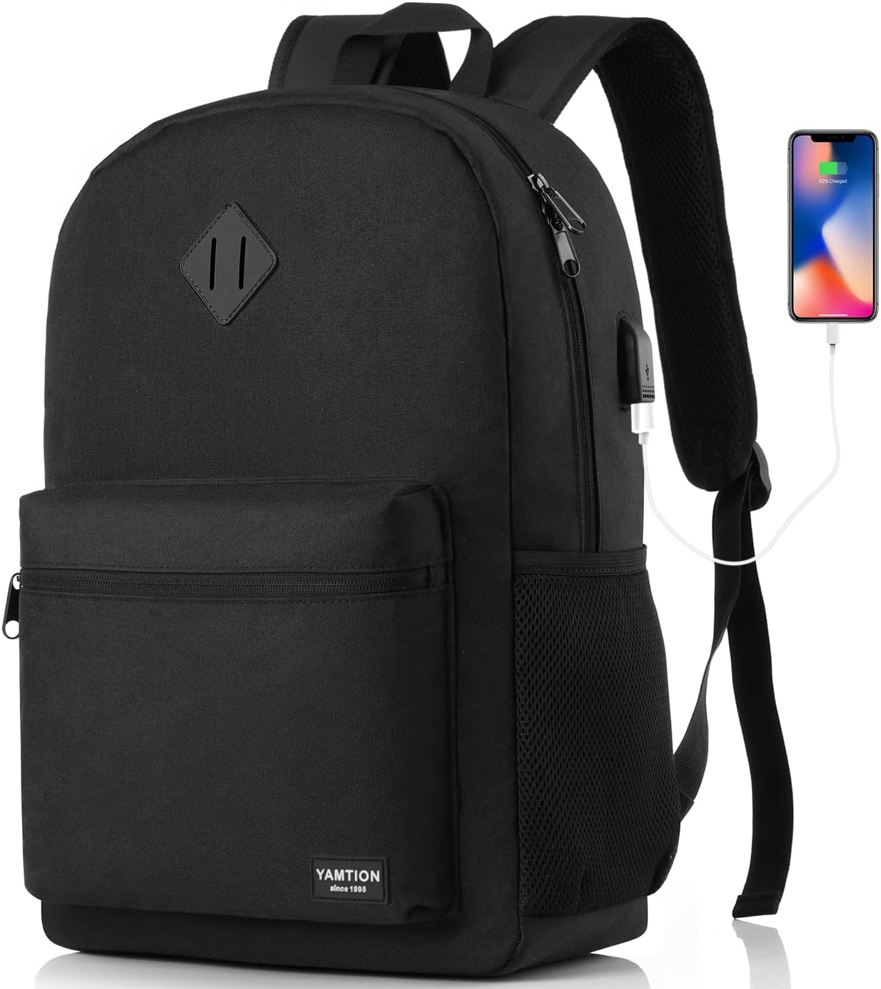 Black Backpack for Women Men,Casual School Backpack Teen Boys and Girls 15.6 Inch Laptop Bookbag with USB Charger for College High School Travel Business