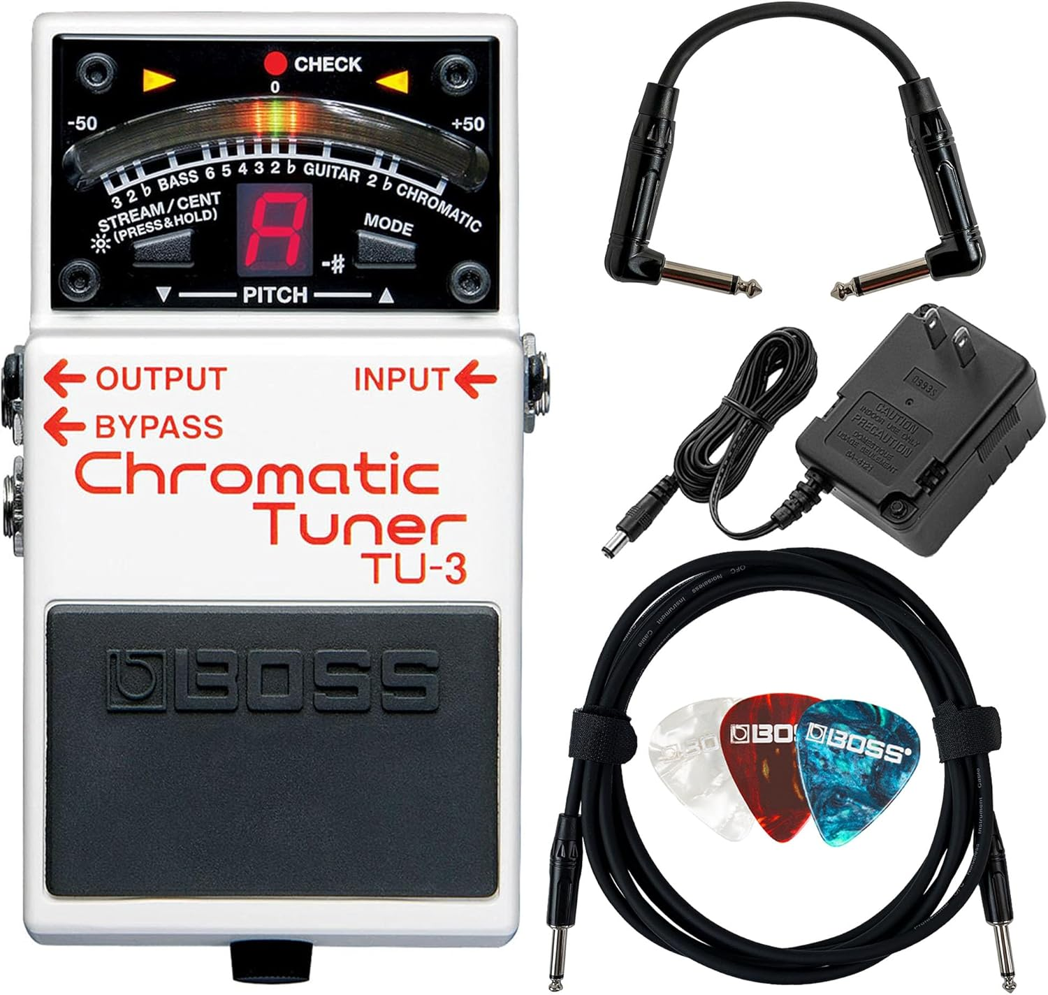 Boss TU-3 Chromatic Tuner Pedal Bundle with Power Supply, Instrument Cable, Patch Cable, and Picks