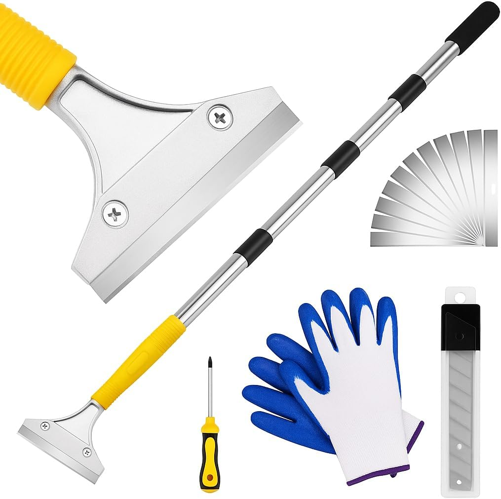 Scraper Tool 5.4Ft (65In) Adjustable Floor Scraper Long Handle Heavy Duty Paint Scraper 4 Inch Razor Blade Scraper for Windows Glass Cleaning Shower Gum Tile Scraper Ceiling Scraper