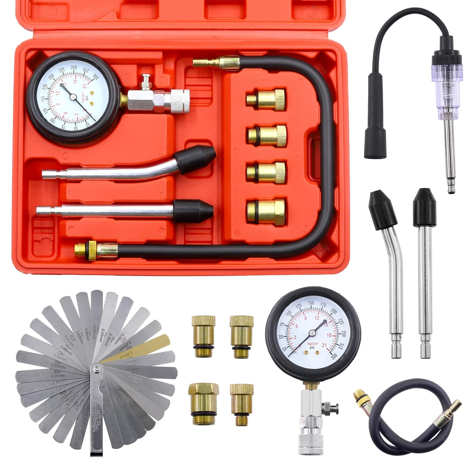 10Pcs Automotive Compression Tester Kit and Spark Plug Tester with Steel Metric and Imperial Feeler Gauge Assortment Kit, Universal Car and Motorcycle Engine Testing Tools