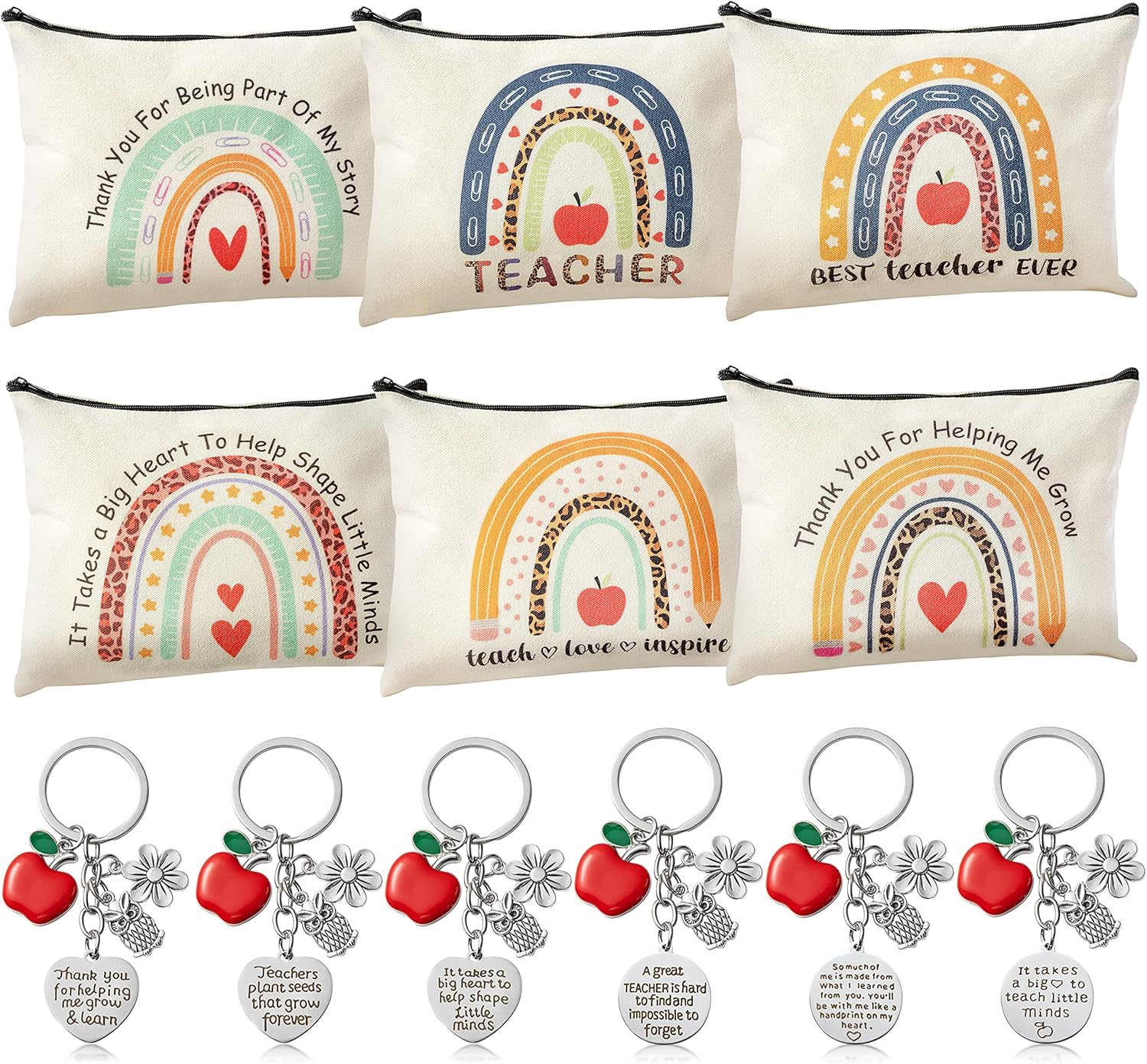 12PCS Teacher Christmas Gifts Set 6 Teacher Survival Kit Boho Rainbow Makeup Pouch Cosmetic Bag with Zipper and 6 Key Chains Appreciation Key Ring Thank You Gifts for Women