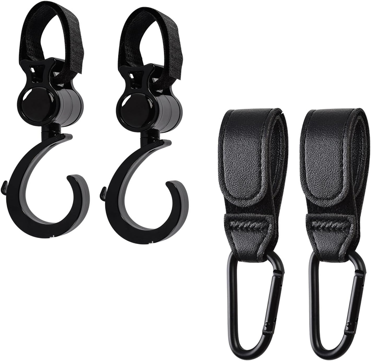 4 Pcs Baby Stroller Hooks, Walker Hook Hanging, Multipurpose 360° Rotation Stroller Clip for Mommy Bags, Buggies, Prams, Loop-Hanging Leather Stroller Straps Carabiner Accessory for Shopping Cart