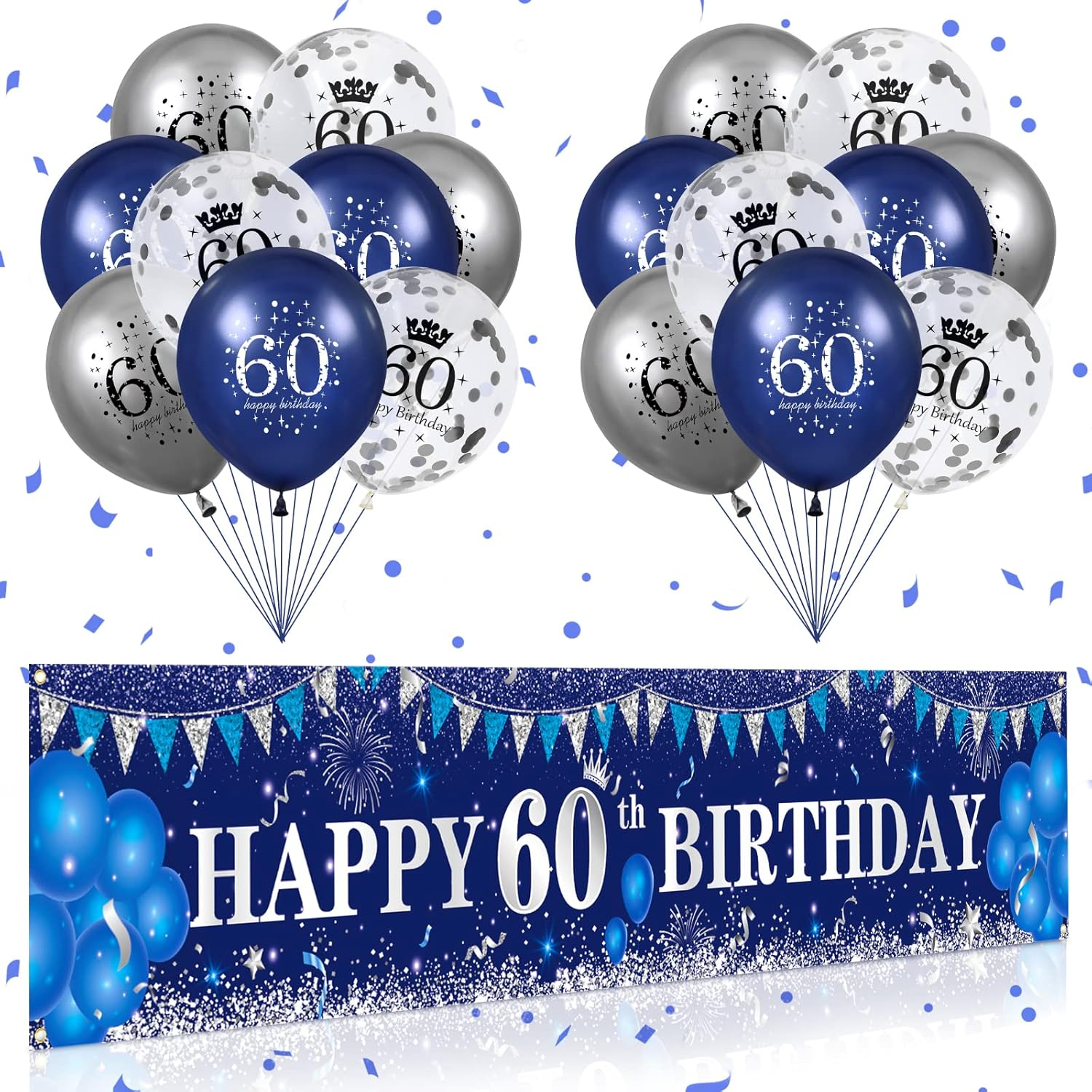 Blue 60Th Birthday Decorations for Men Women, Navy Blue Silver Happy 60Th Birthday Yard Banner, Blue 60Th Birthday Balloons for 60Th Birthday Anniversary Party Decorations Supplies