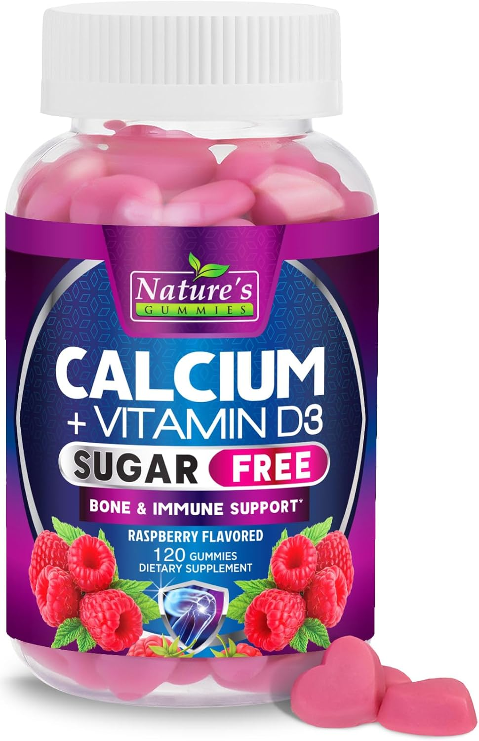 Sugar Free Chewable Calcium Gummy Vitamins - plus 400 IU Vitamin D3 for Bone, Teeth, & Immune Health Support - Calcium Supplements for Women & Men Daily, Non-Gmo, Berry Flavored - 120 Gummies