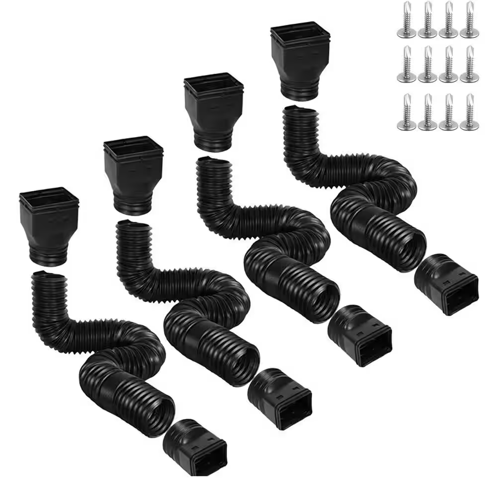 4 Pack Black Plastic PE Flexible Gutter Downspout Extension Extends 21 to 67 In. with Adapters for Rainwater Drainage