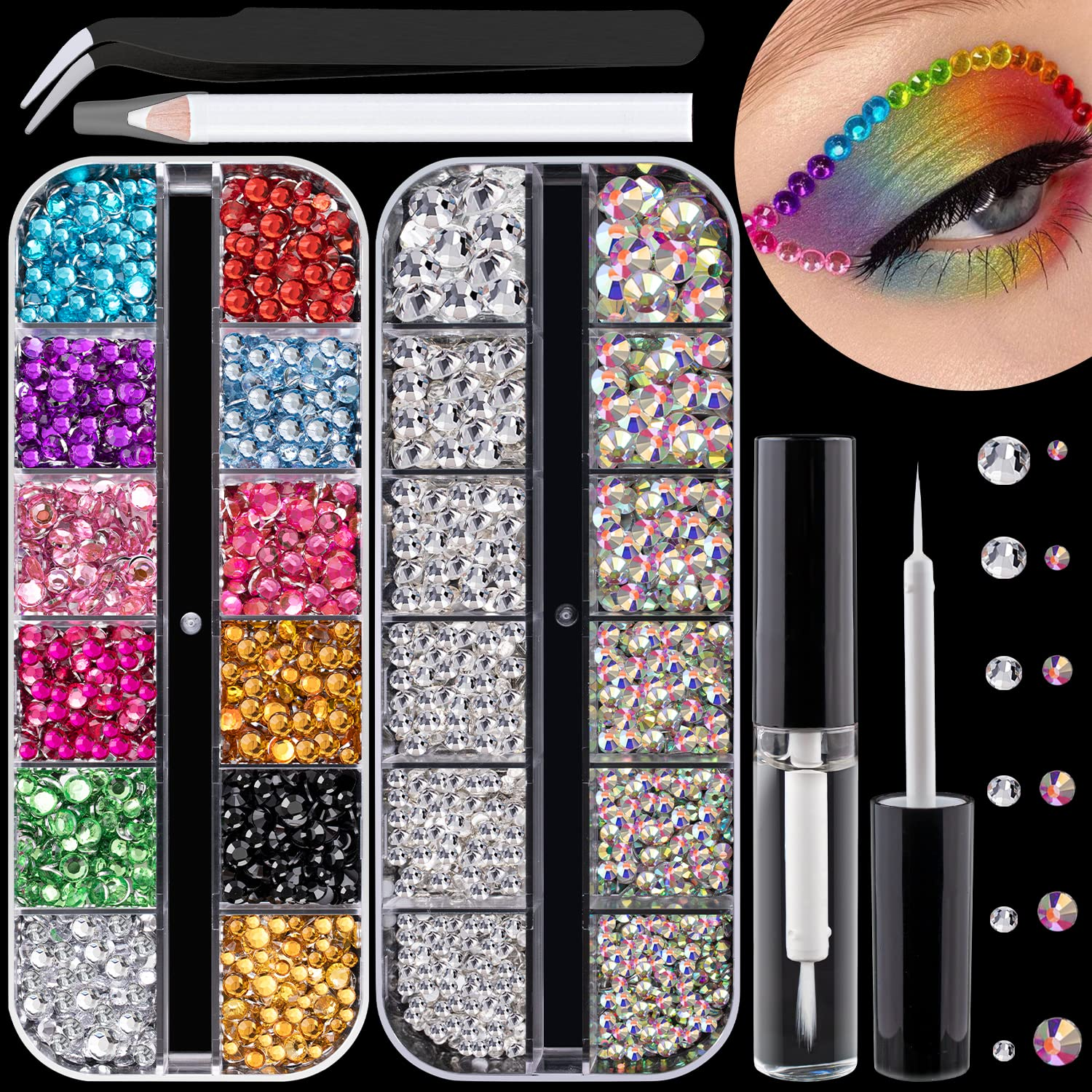 Colorful Face Gems Kit - Ab+Clear Glass Crystals + Resin Rhinestones for Makeup