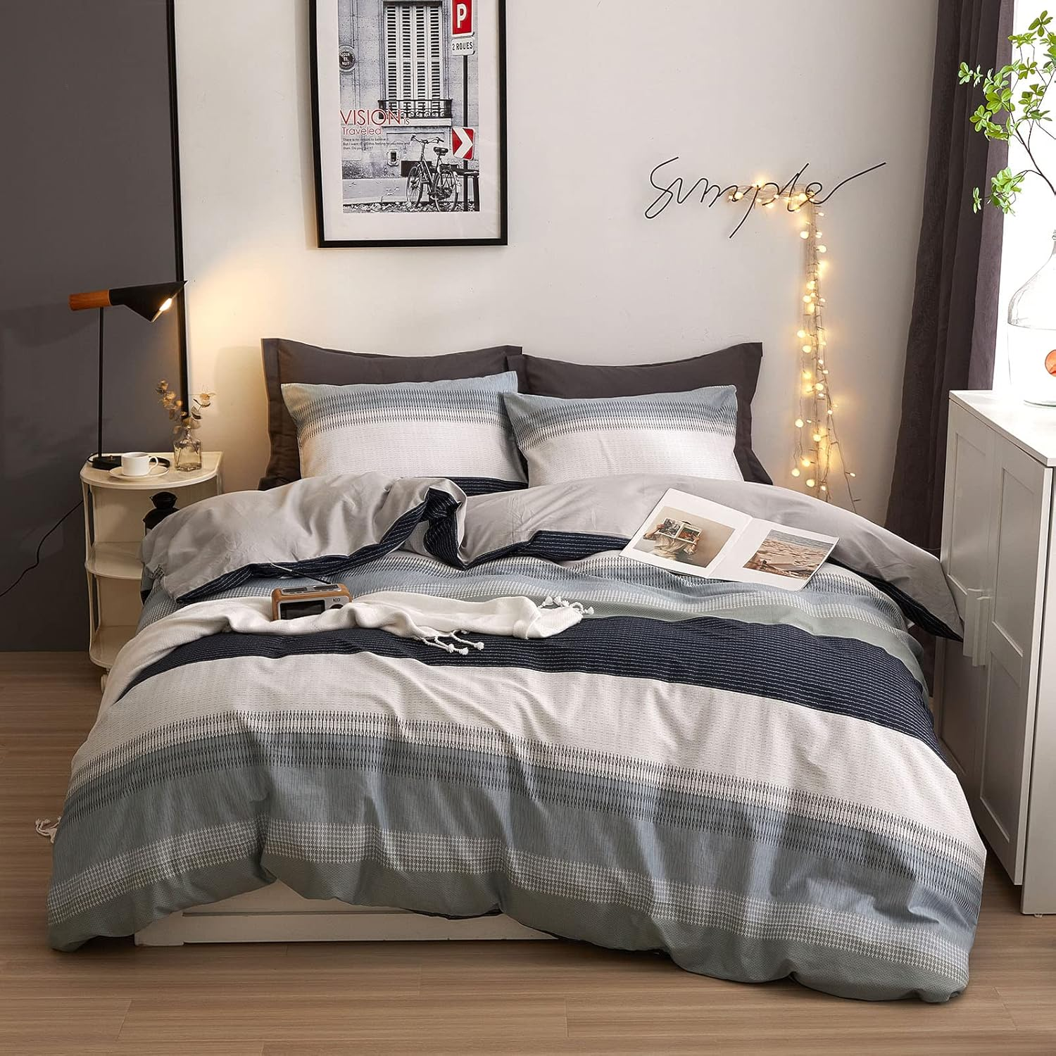 Stripes Geometric Duvet Cover Full Cotton Aesthetic Bedding Set Boys Men Reversible Geometric Comforter Cover Set with 2 Pillowcases Modern Preppy Style Blue Grey Duvet Cover Set