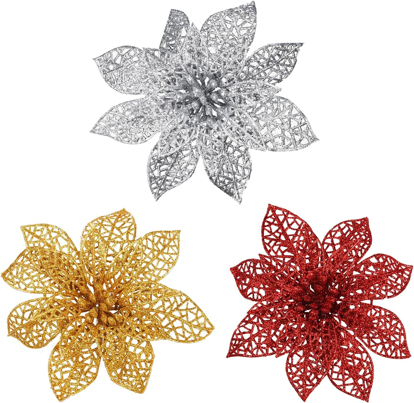 Euvoym 12 Pieces Gold Christmas Large Poinsettia Glitter Flower Tree Hanging ... - Picture 8 of 15