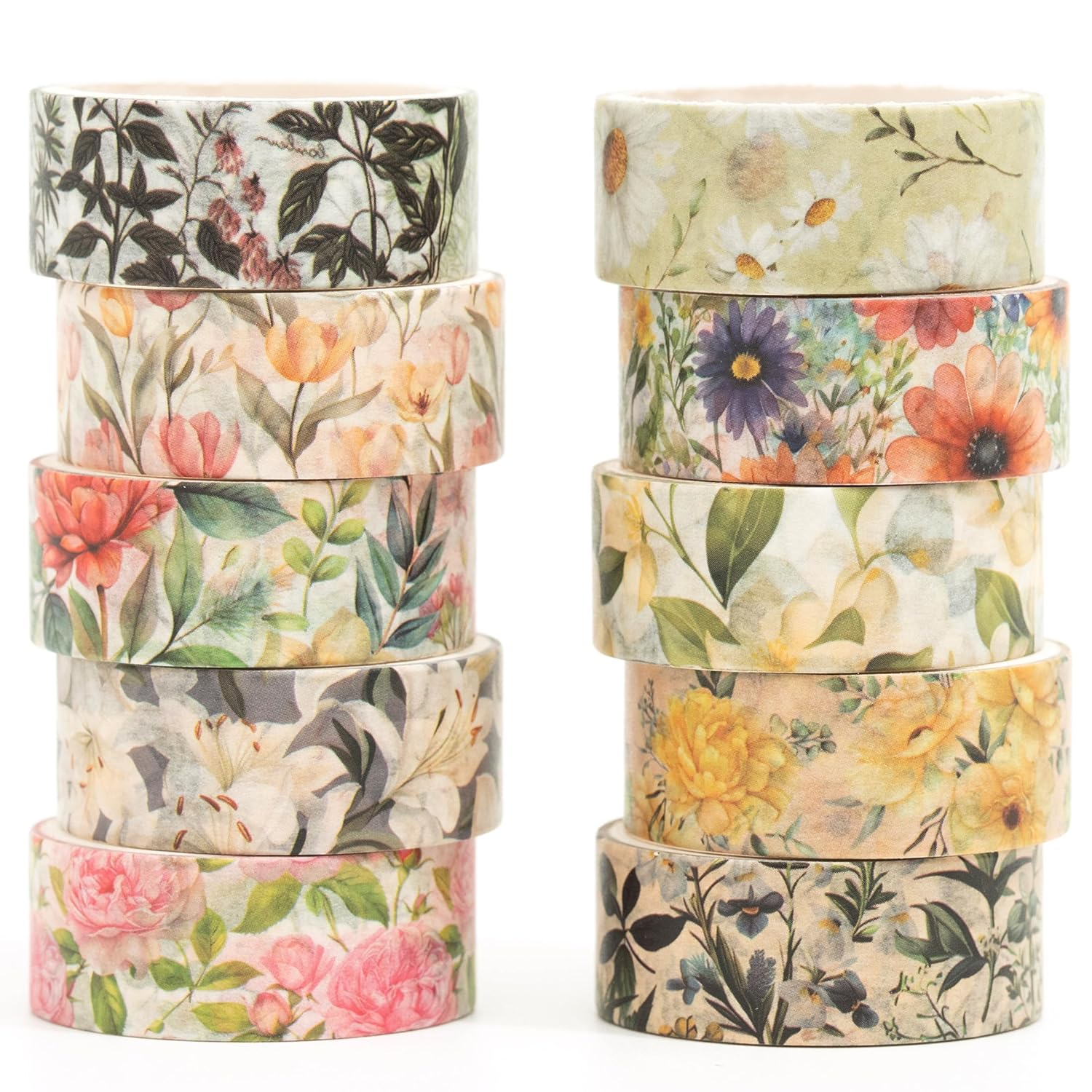 10 Rolls Blooming Flowers Washi Tape Set Floral Arts Adhesive Tapes Colorful Garden Decorative Masking Tape Sets for Craft, Kids, Scrapbook, DIY, Gift Wrapping (2-Romance)