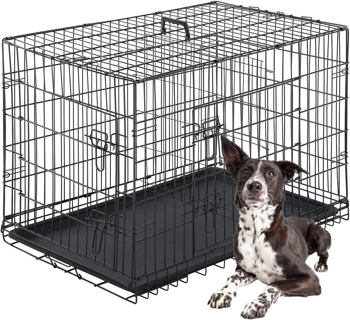 Dog Crate for Large Dogs 42 Inch Folding Metal Wirepet Cage Double Door W/Divider Panel Indoor Outdoor Kennel Leak-Proof Plastic Tray,Black