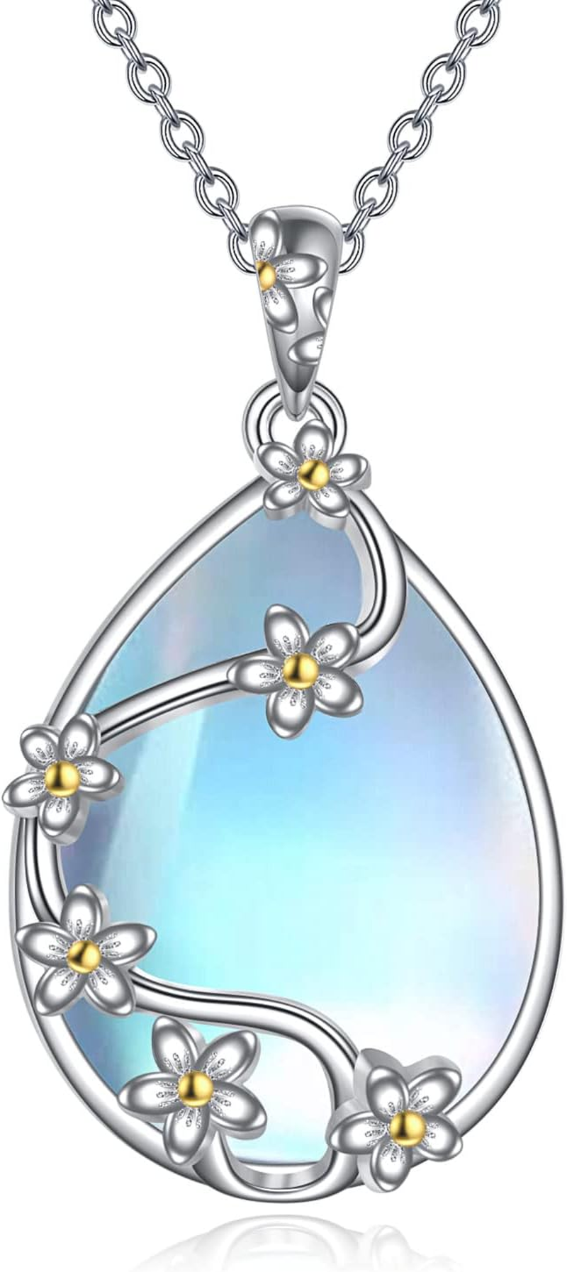 Sterling Silver Moonstone Flower Necklace Filigree Teardrop Pendant for Women