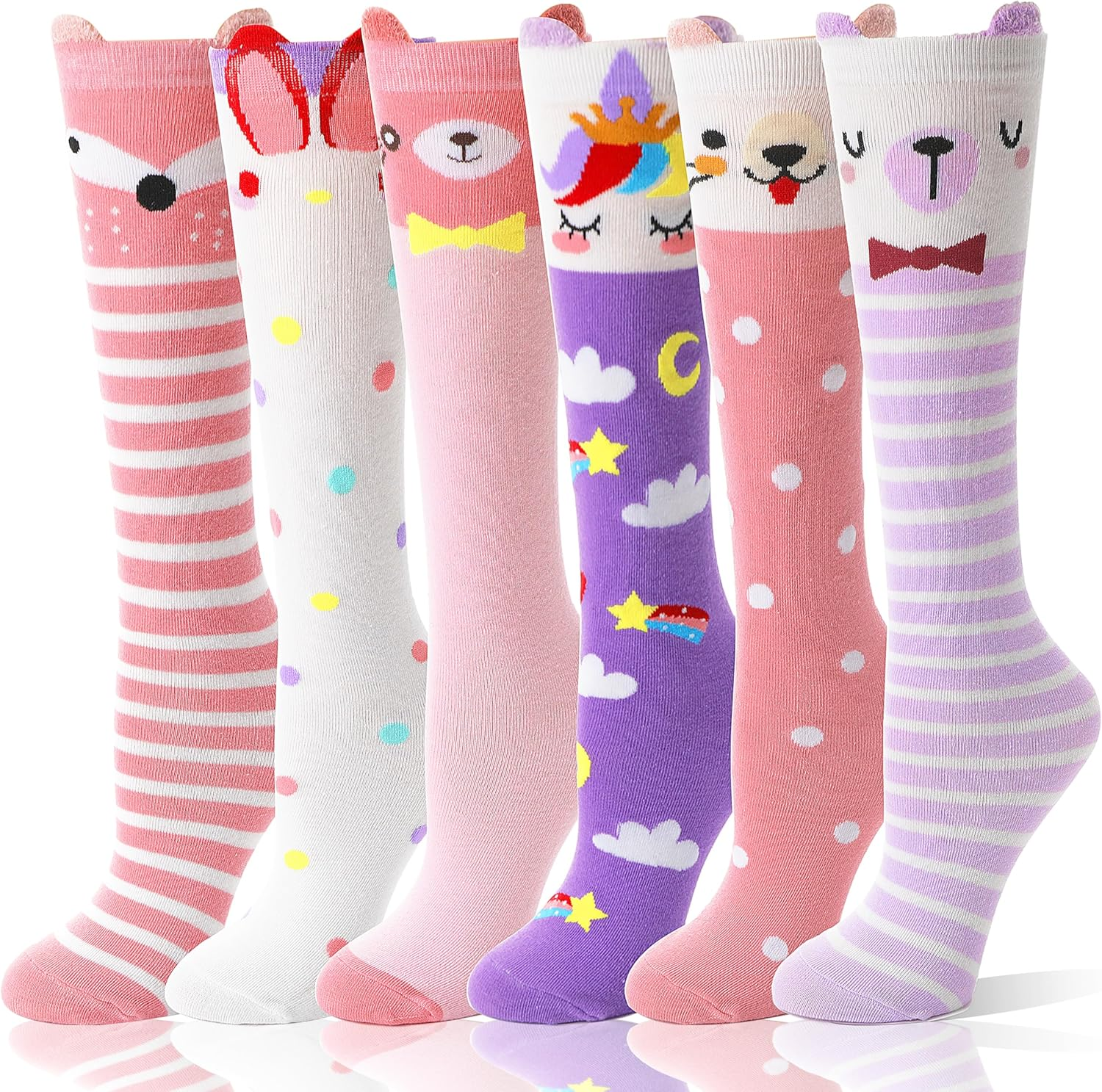 6 Pairs Kids Girls Knee High Socks Gift Long Crazy Silly Tall Funny Boot Cute Animal Child Fun Socks
