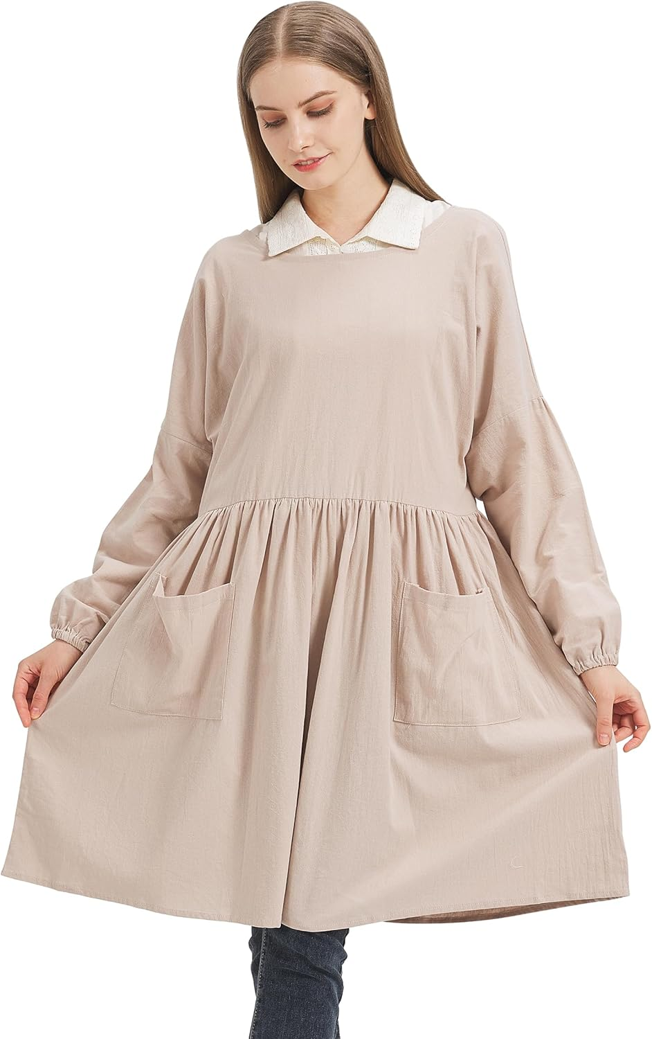 Cotton Linen Apron Women Long Sleeve Apron Cooking Apron for Gardening, Painting
