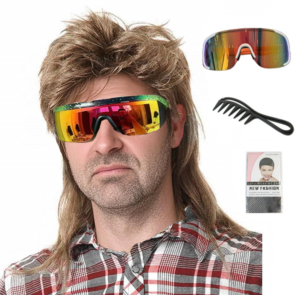 Men's 80s Mullet Wig, Retro Rocker Costume for Halloween, 80s Themed Party & Cosplay (Light Brown)