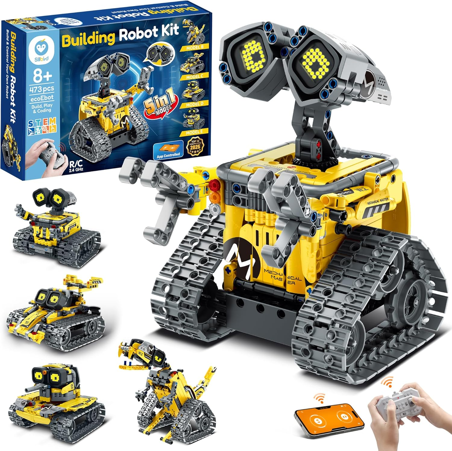 Robot Building Kit with Remote Control STEM Gift for Boys Age 8-14 | Coding Robotic Toy, Birthday Presents for Kids, App-Controlled, Buildable 5In1 Models, LED Eyes & Sounds, 473 Pieces