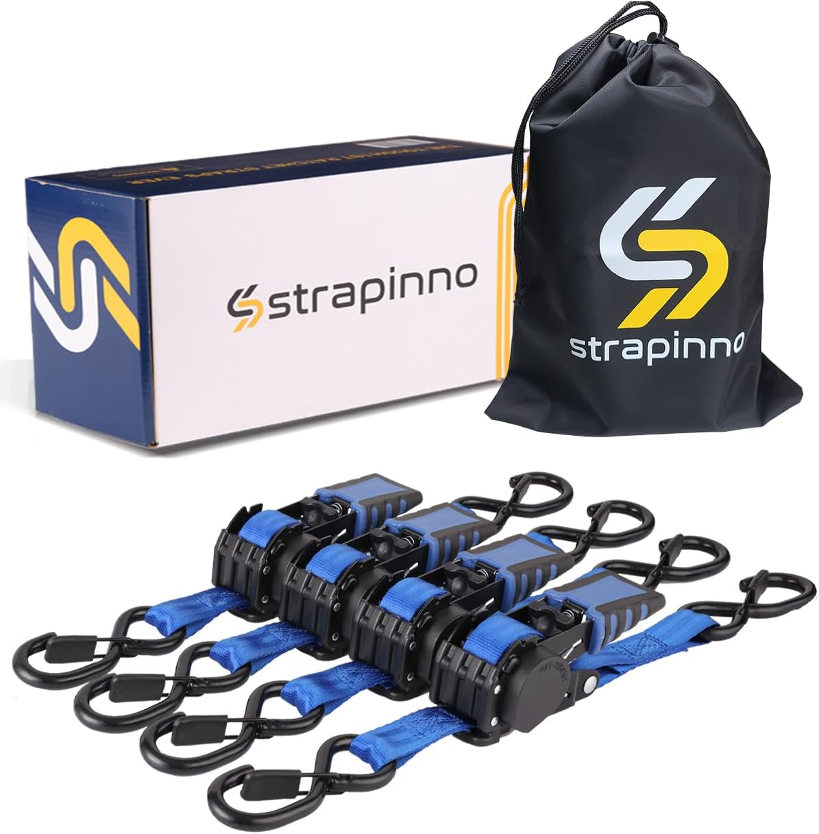 Strapinno 4 Pack Auto Retractable Ratchet Straps Bundle -1 in X 6 Ft, 1500 LBS Break Strength Each, Heavy Duty Tie down Straps for Cargo Securing, Weather Resistant Safety S-Hooks, Blue Strap