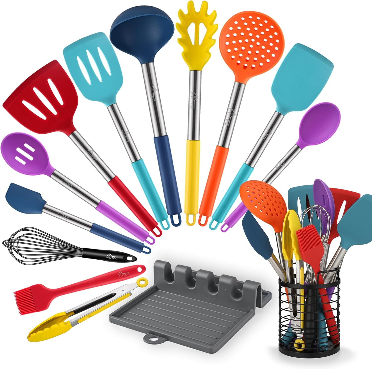 446°F Heat Resistant Silicone Kitchen Utensils, Cooking Utensil Set, Spatula Set, BPA Free, Kitchen Gadgets, Utensils Holder, Dishwasher Safe, 14Pcs Multicolor