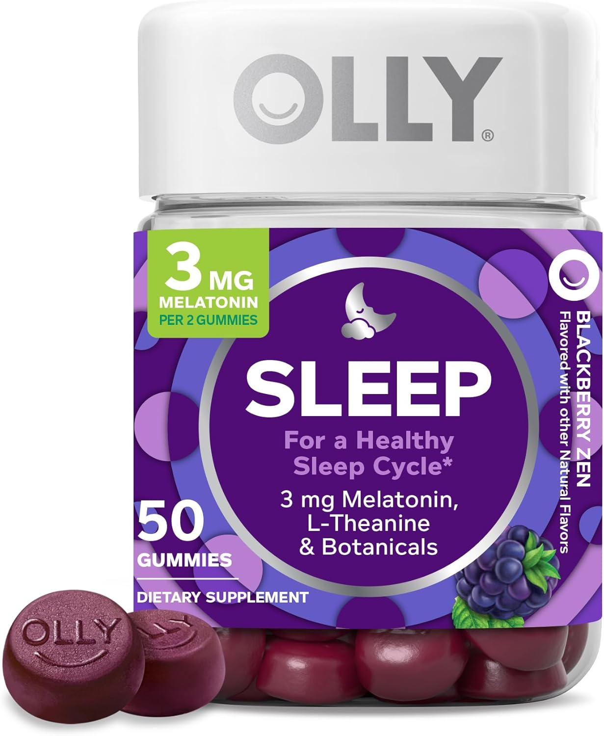 OLLY Sleep Gummy, 3 Mg Melatonin, L-Theanine, Chamomile, Lemon Balm, Sleep Aid, Blackberry, 50 Count