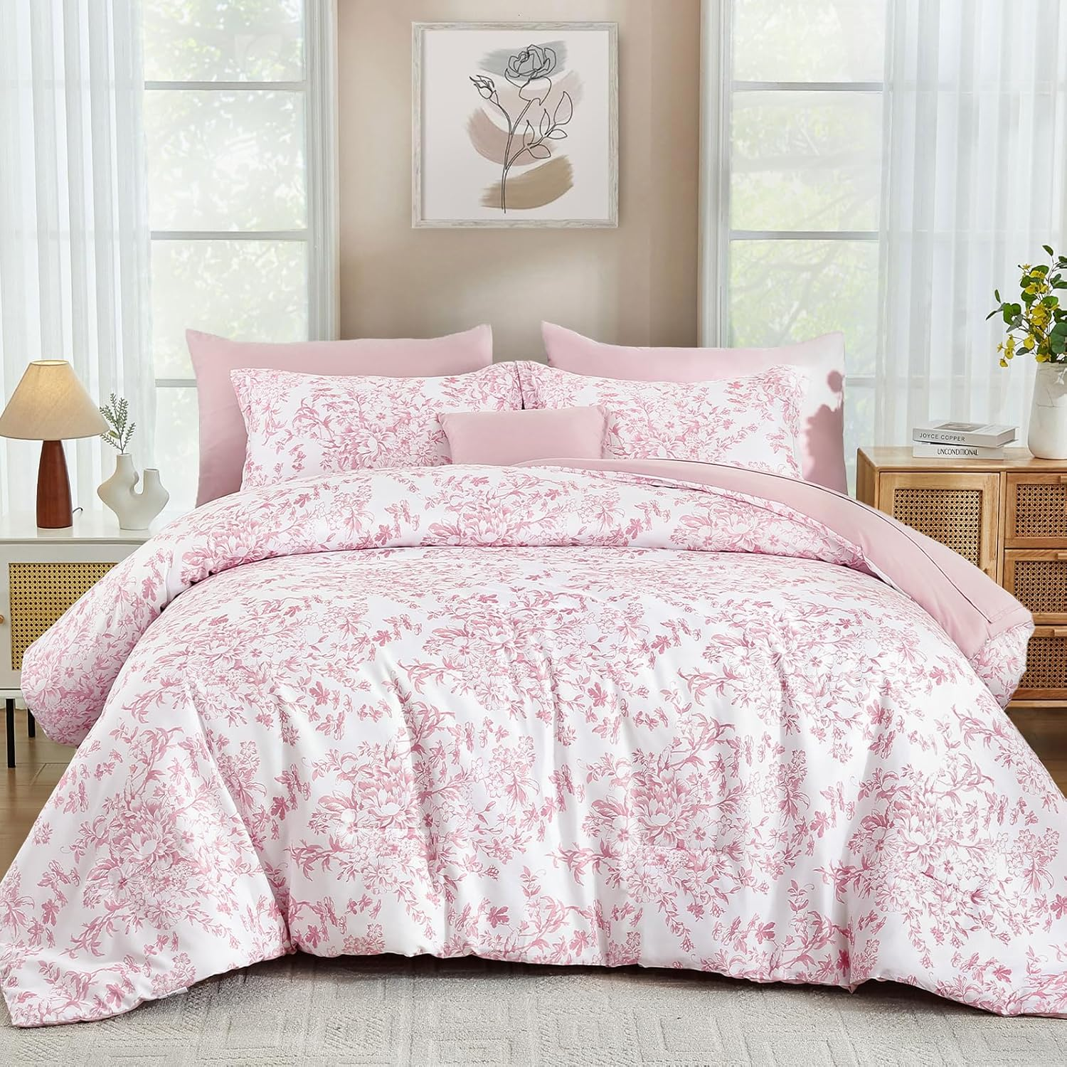 WONGS Queen Size 8-Piece Pink Floral Comforter Set, Soft Microfiber Bedding